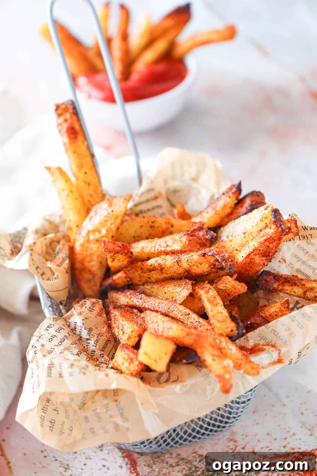 Crispy Air Fryer French Fries 2 Crispy Air Fryer French Fries Recipe in a basket, seasoned to perfection