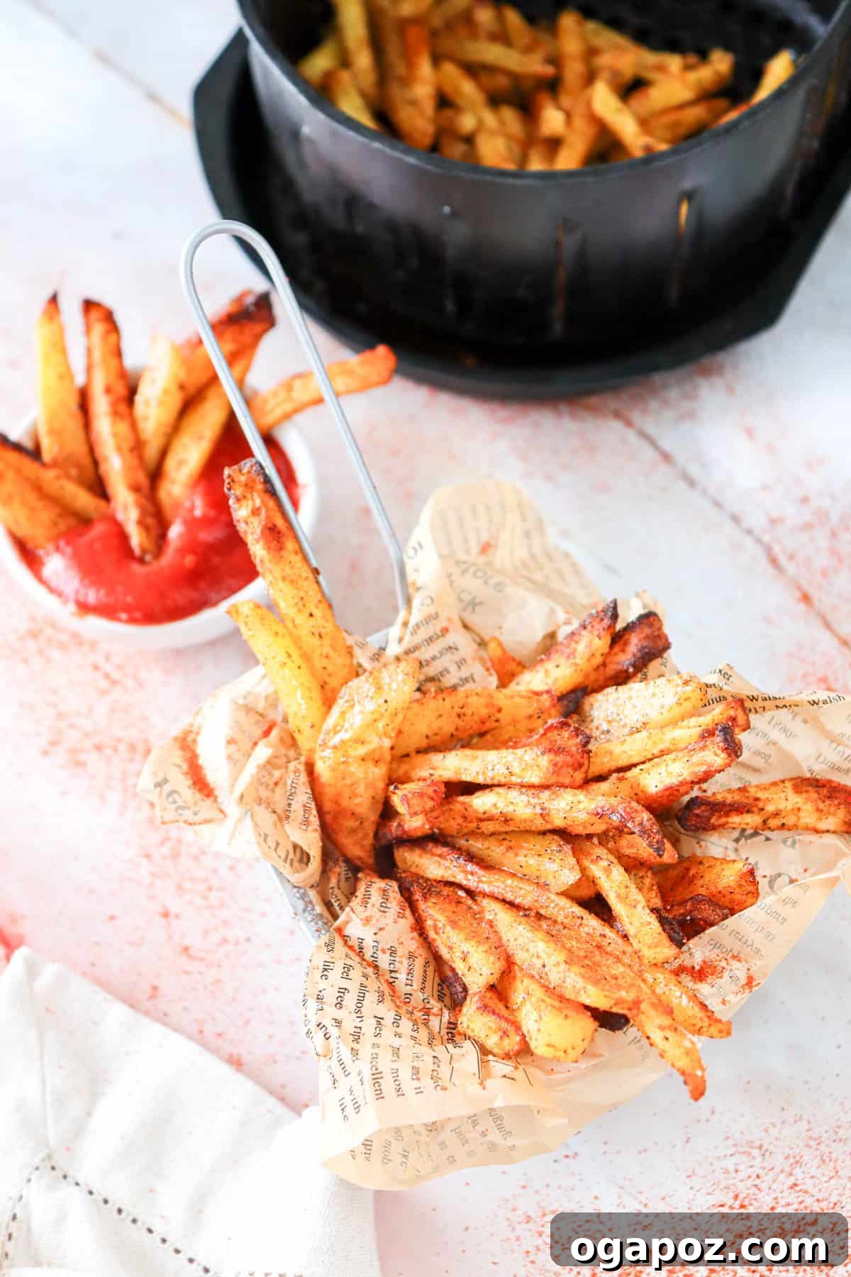 Crispy Air Fryer French Fries 5 Air Fryer French Fries Recipe served with a side of ketchup