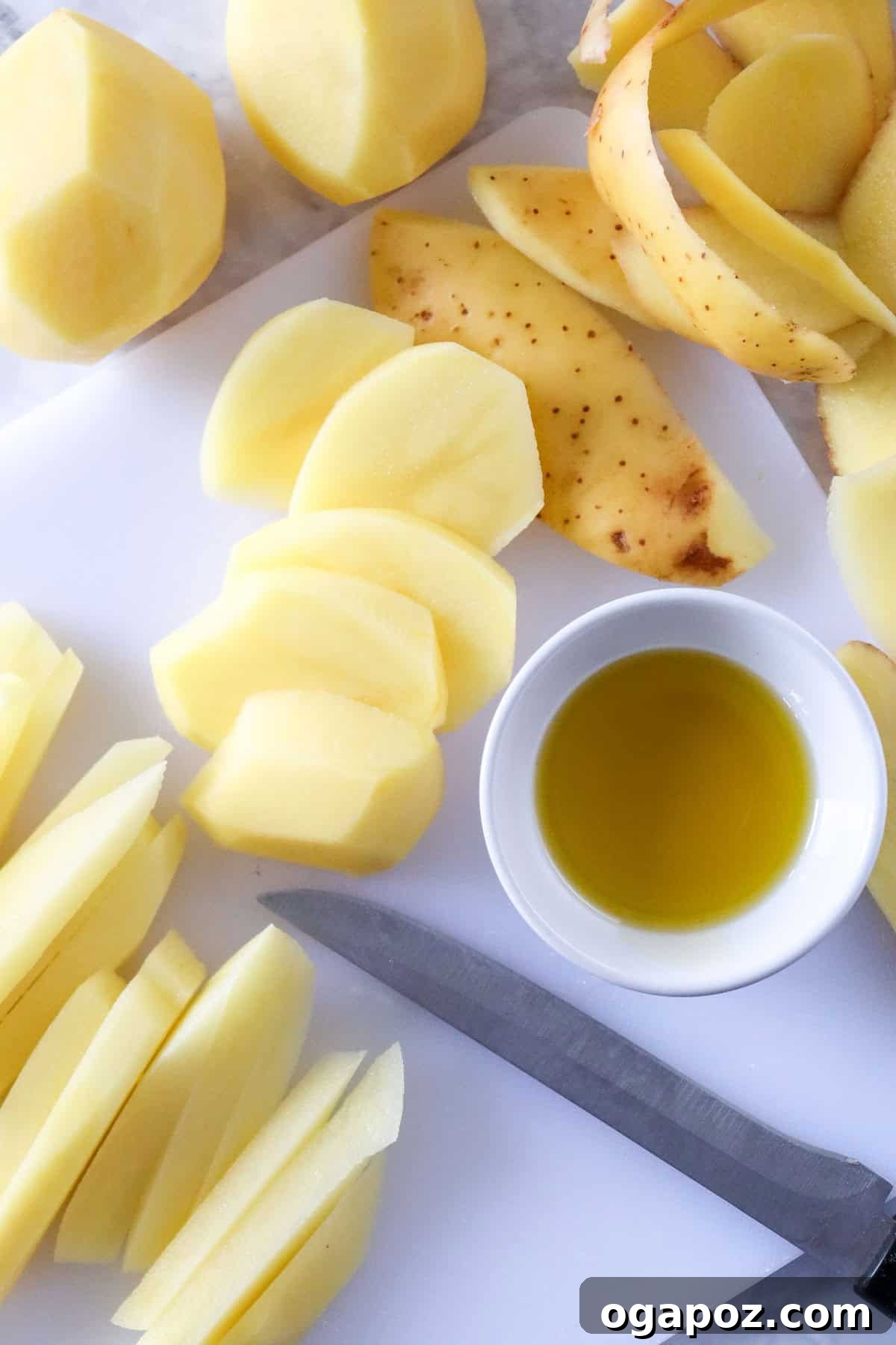 Crispy Air Fryer French Fries 6 Air Fryer French Fries Recipe showing fries being cut into even strips