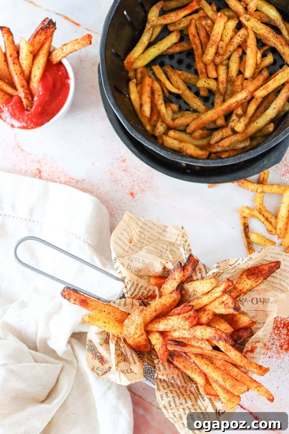 Crispy Air Fryer French Fries 10 Air Fryer French Fries Recipe showing a basket full of golden, crispy fries