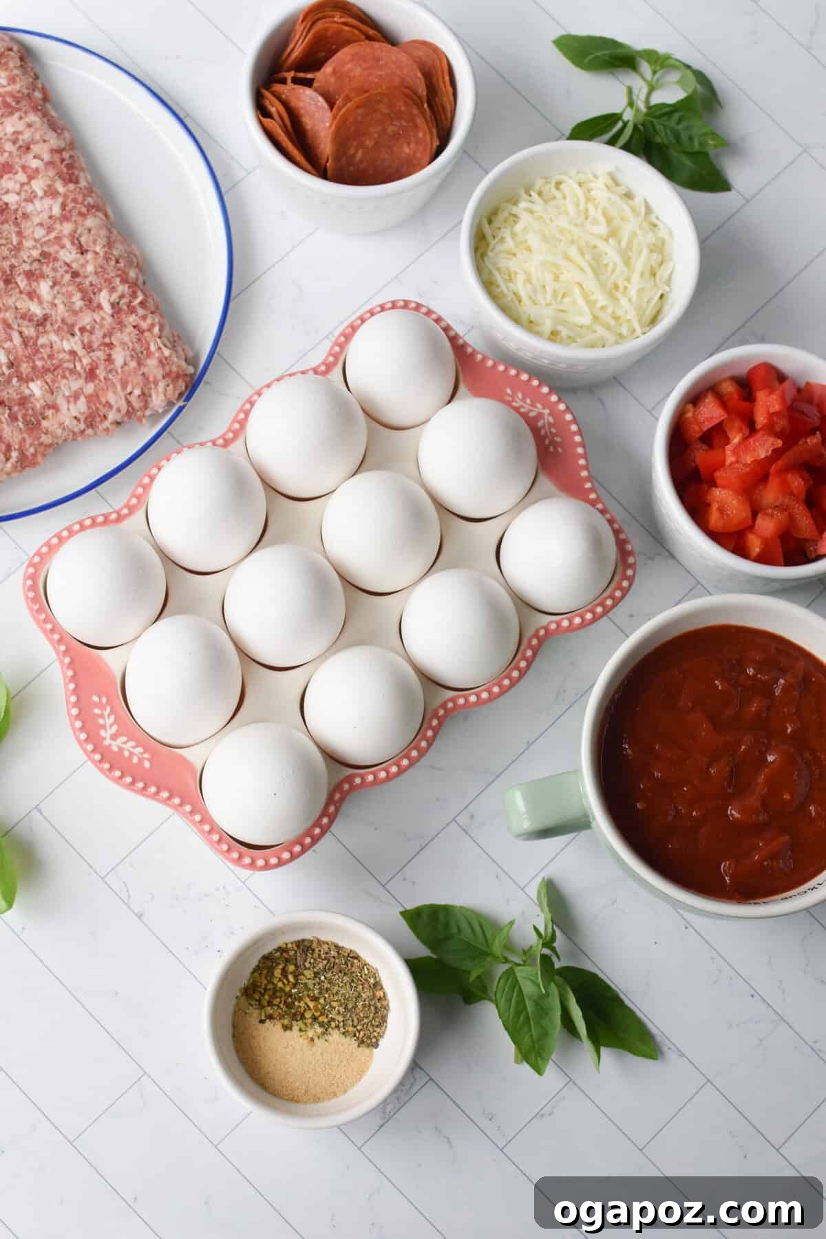 Savory Pizza Egg Cups 4 A vibrant selection of fresh, high-quality ingredients meticulously laid out and ready for making delicious Pizza Egg Muffins.