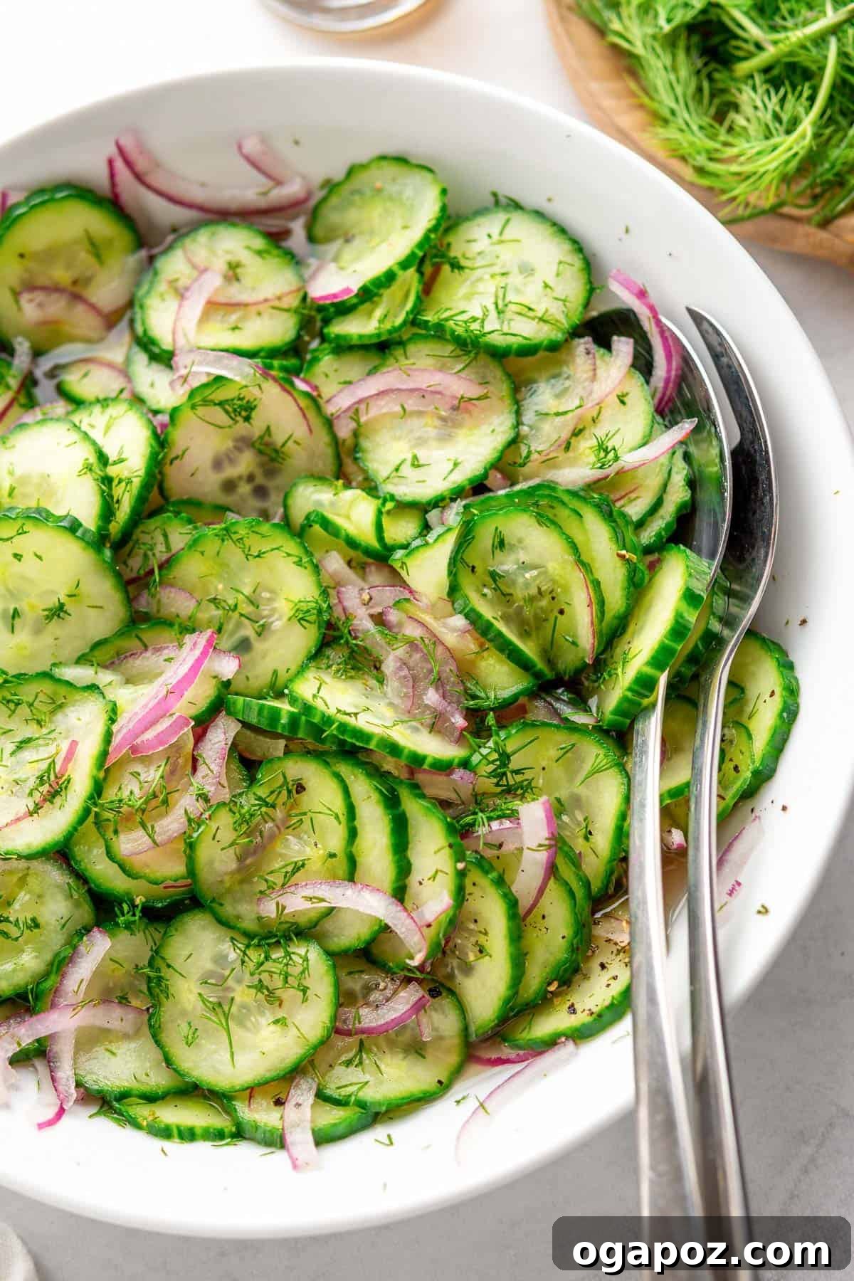 Cucumber Onion Salad in a white bowl