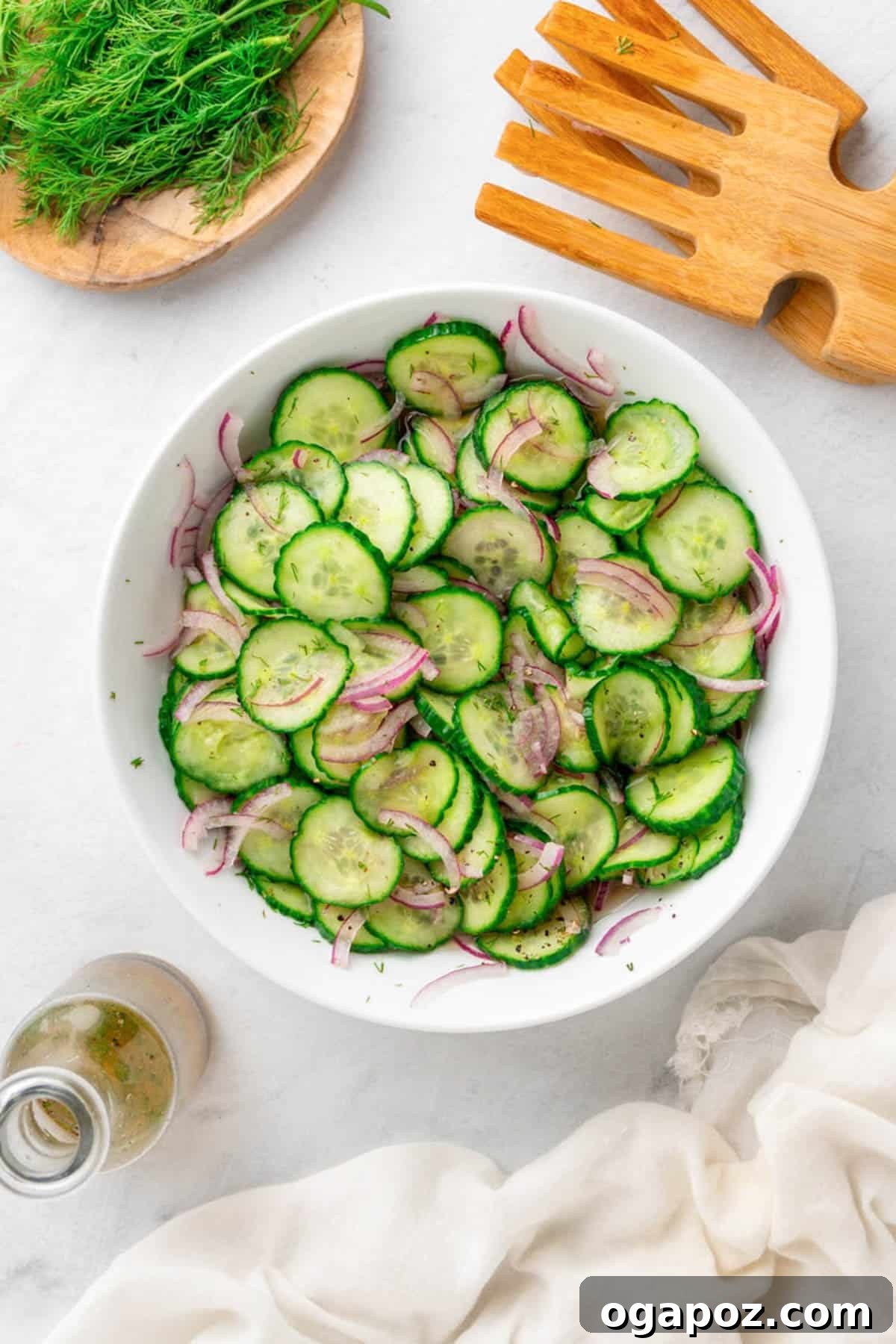 Cucumber Onion Salad in a white bowl