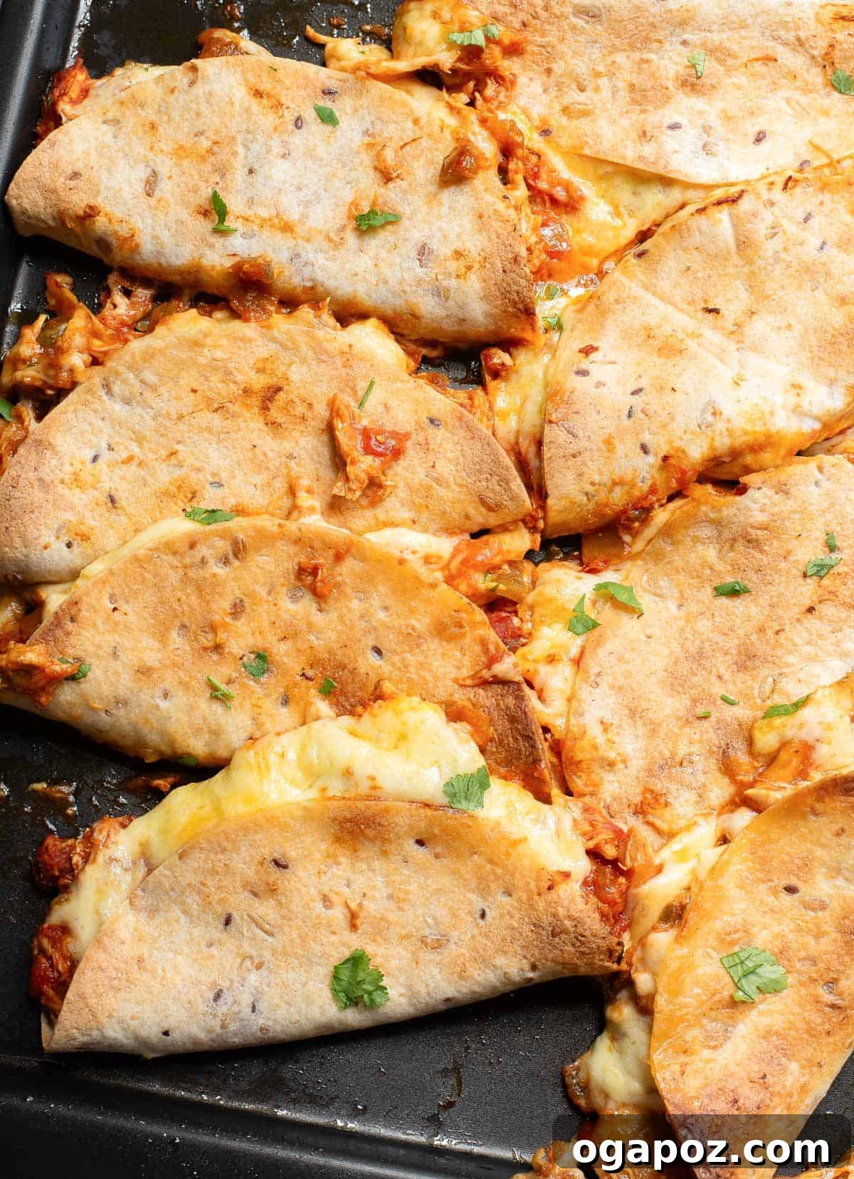 A baking sheet filled with golden, crispy baked chicken tacos, ready to be served