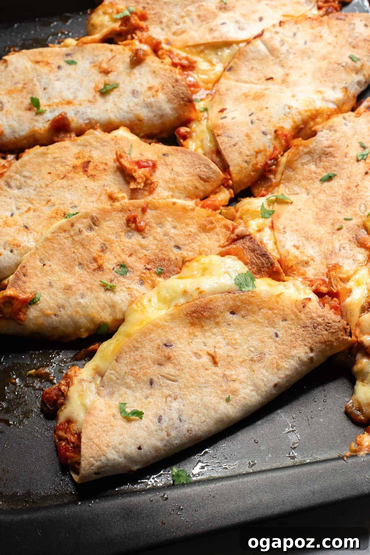 Assembled baked chicken tacos laid out neatly on a baking tray, brushed with oil and ready for the oven