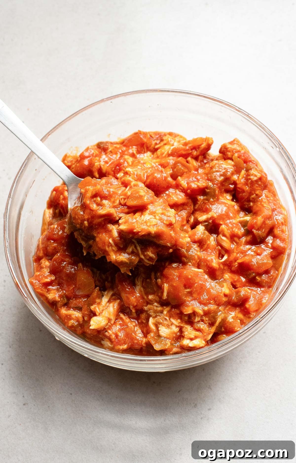 A mixing bowl with shredded chicken, salsa, and spices being combined to make the taco filling