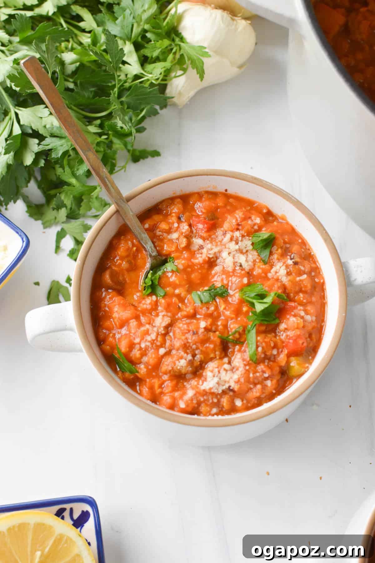 Hearty Lentil and Sausage Soup 3 Lentil Sausage Soup Recipe with spoon