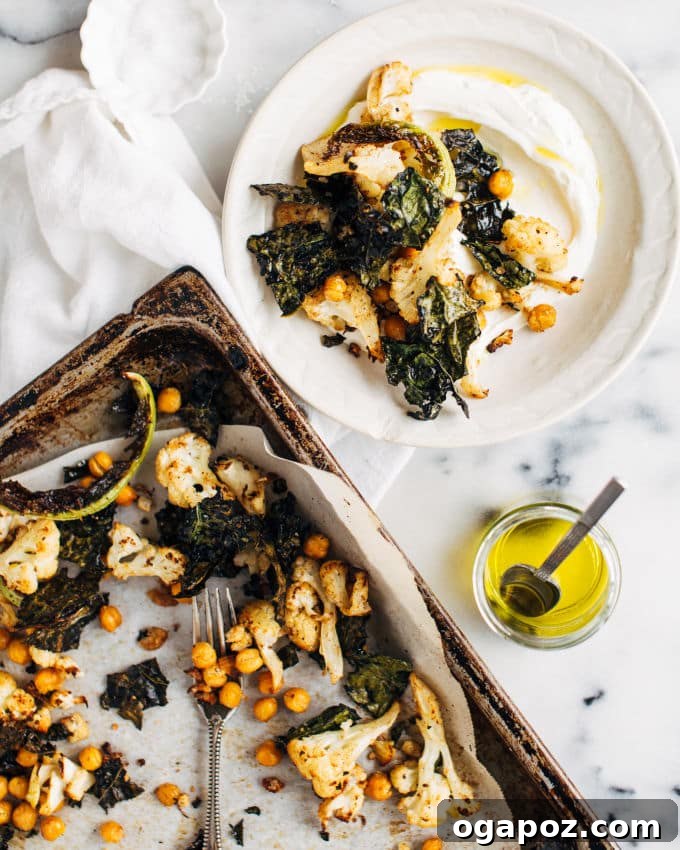 Golden Roasted Cauliflower, Kale & Crispy Chickpea Salad 5 A beautifully plated Kale, Cauliflower, and Chickpea Salad with a swirl of lemon Greek yogurt.
