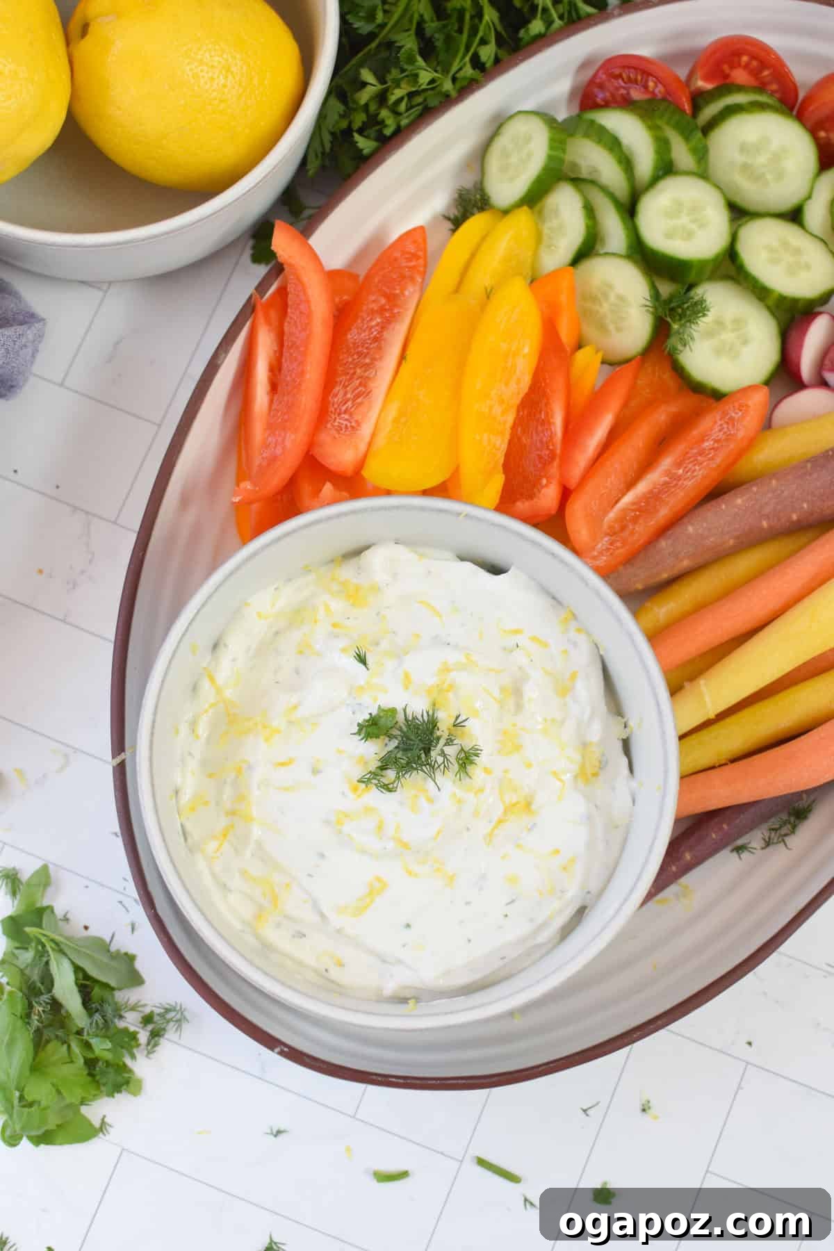 Whipped Cottage Cheese with vegetables on platter