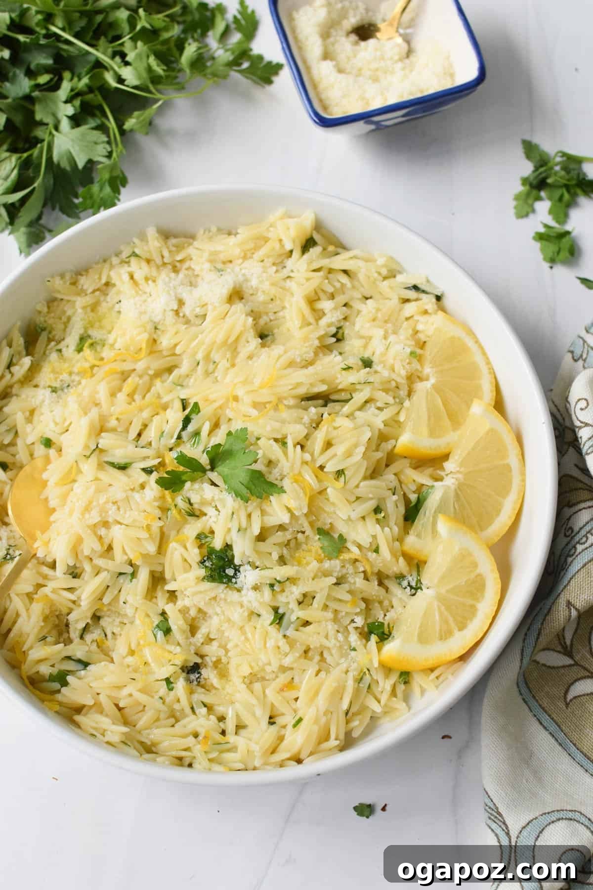 Bright Lemon Orzo Pasta 6 Lemon Orzo Recipe garnished with fresh lemon slices and herbs.
