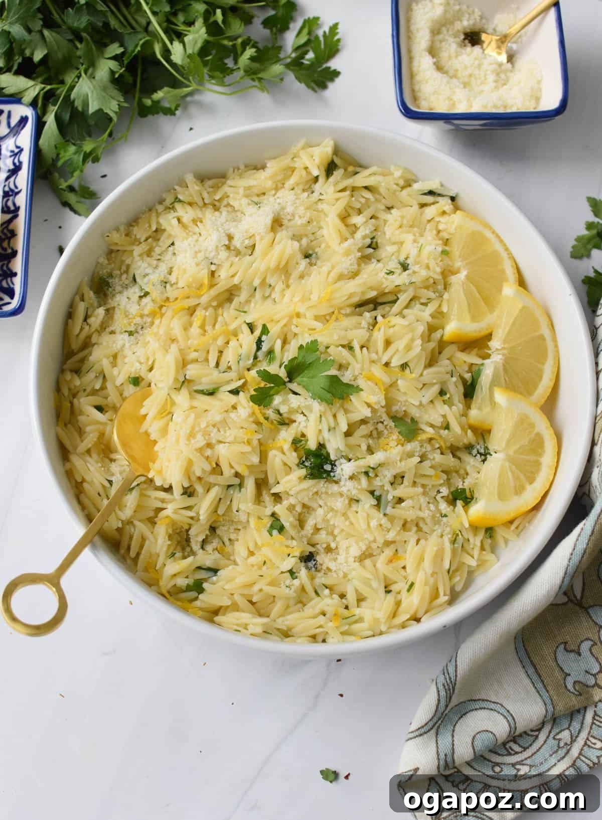 Bright Lemon Orzo Pasta 7 Lemon Orzo Recipe served in a white bowl, highlighting its texture and color.