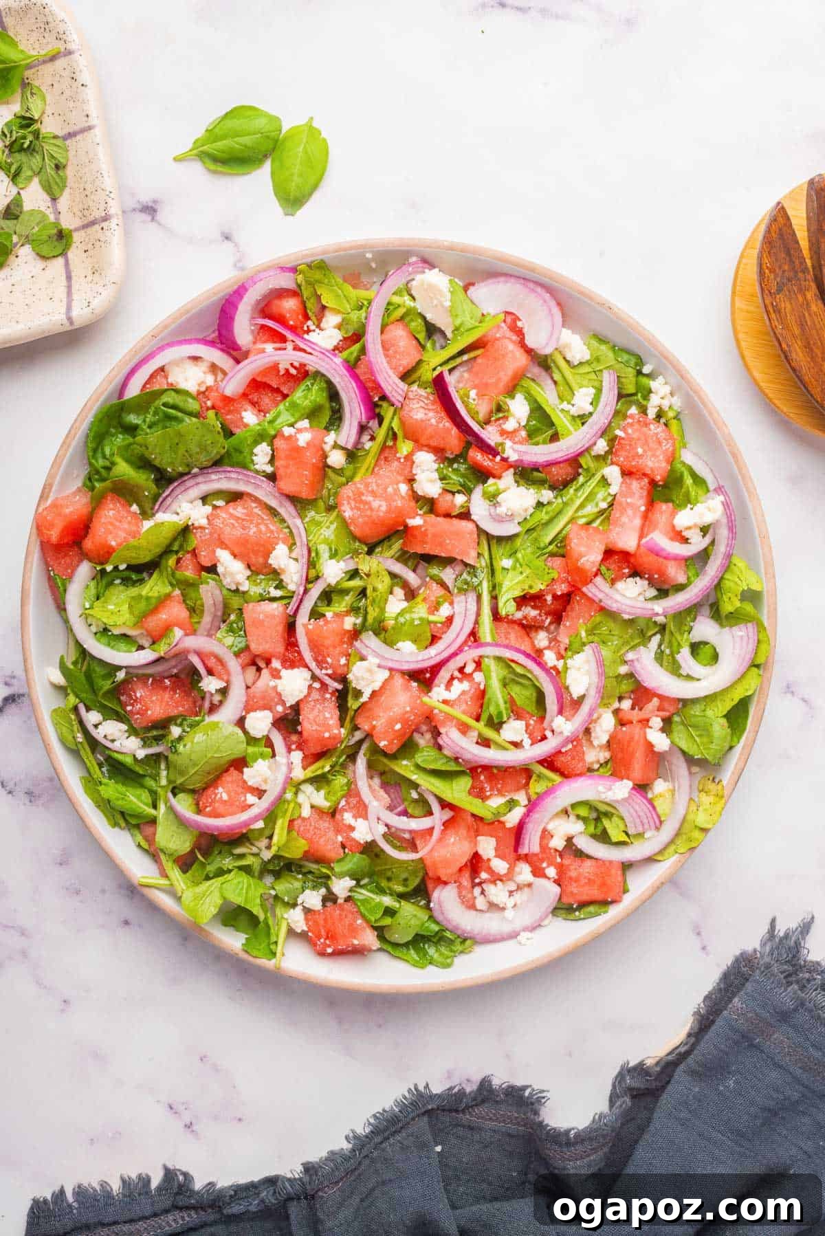 Watermelon Arugula Zing 2 Watermelon Arugula Salad on a white plate, showcasing vibrant colors