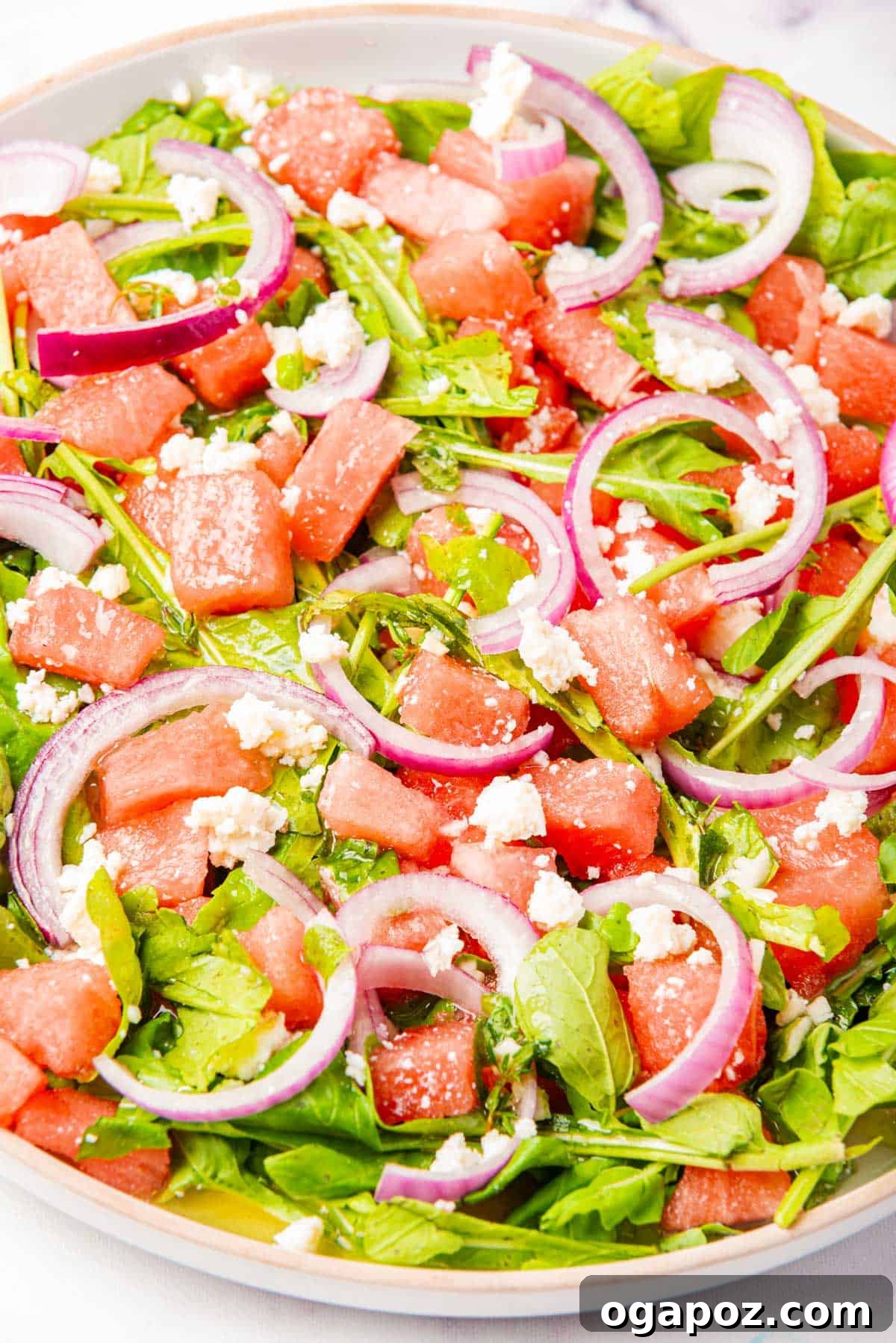 Watermelon Arugula Zing 3 Watermelon Arugula Salad with crumbled feta cheese visible
