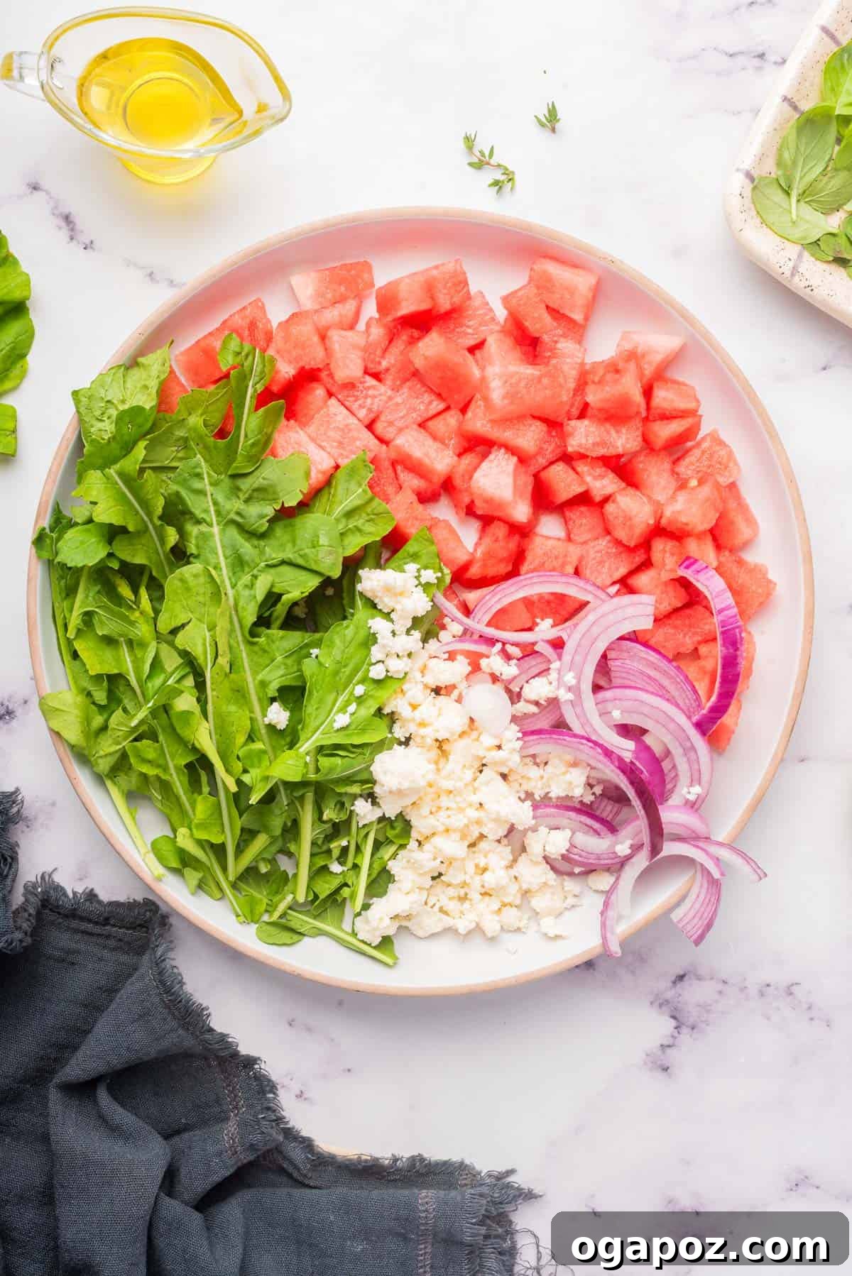 Watermelon Arugula Zing 6 Watermelon Arugula Salad ingredients waiting for dressing