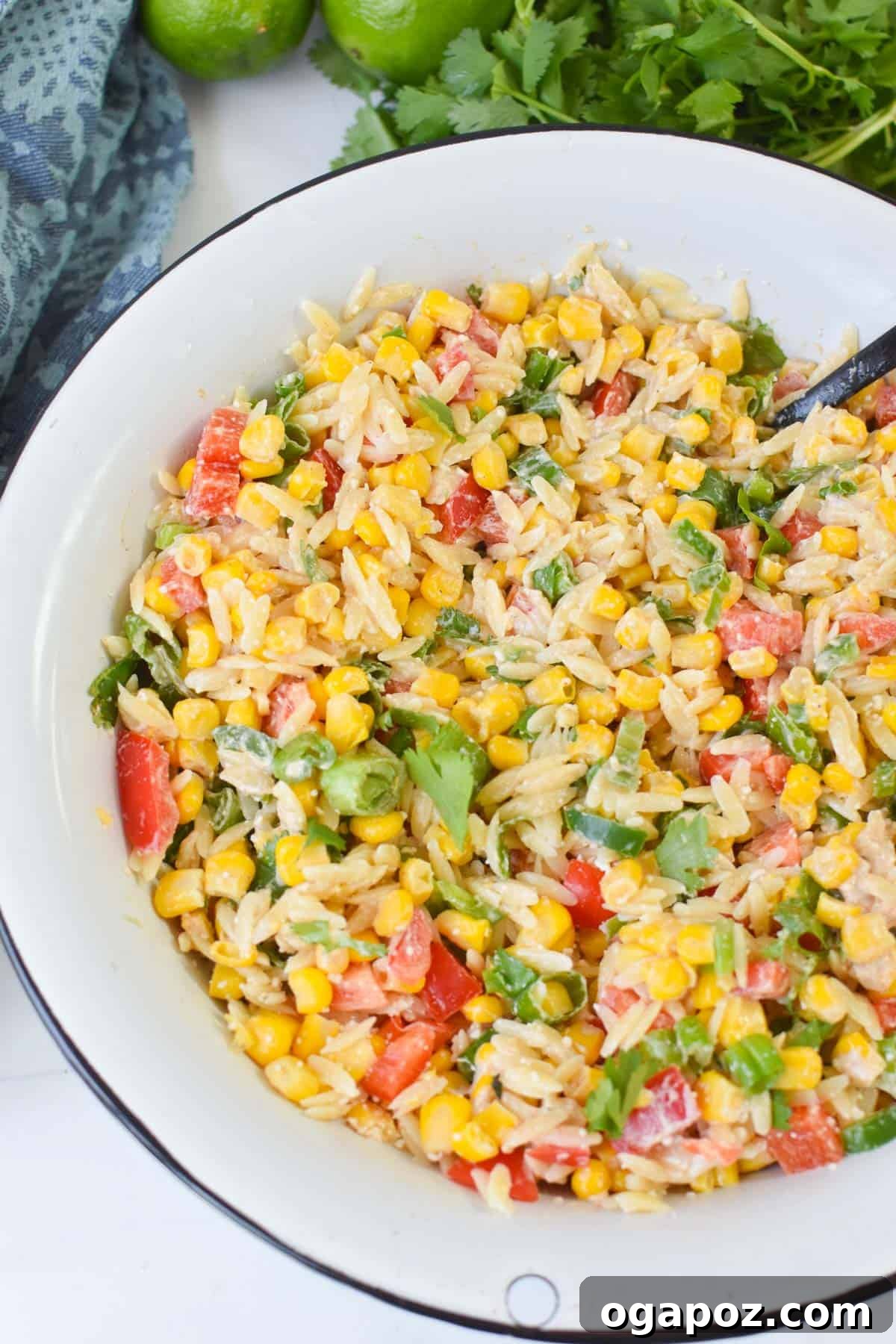 Fiesta Mexican Street Corn Orzo Salad 4 A bowl of Mexican Street Corn Orzo Pasta Salad ready to be served