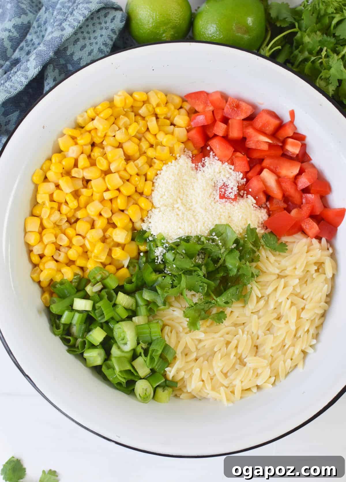 Fiesta Mexican Street Corn Orzo Salad 5 Mexican Street Corn Orzo Pasta Salad ingredients being mixed in a large bowl