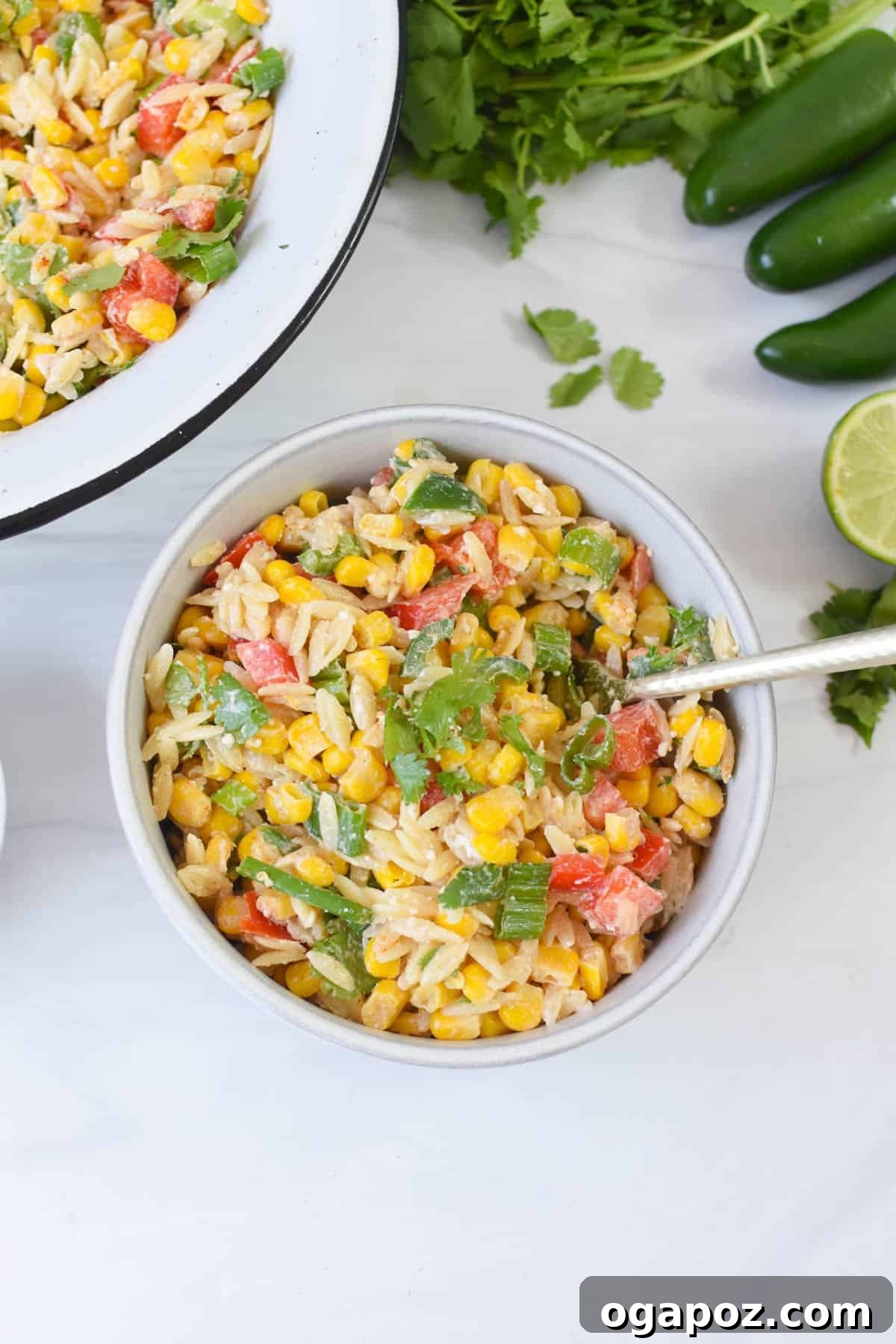 Fiesta Mexican Street Corn Orzo Salad 6 A smaller portion of Mexican Street Corn Orzo Pasta Salad in a white serving bowl