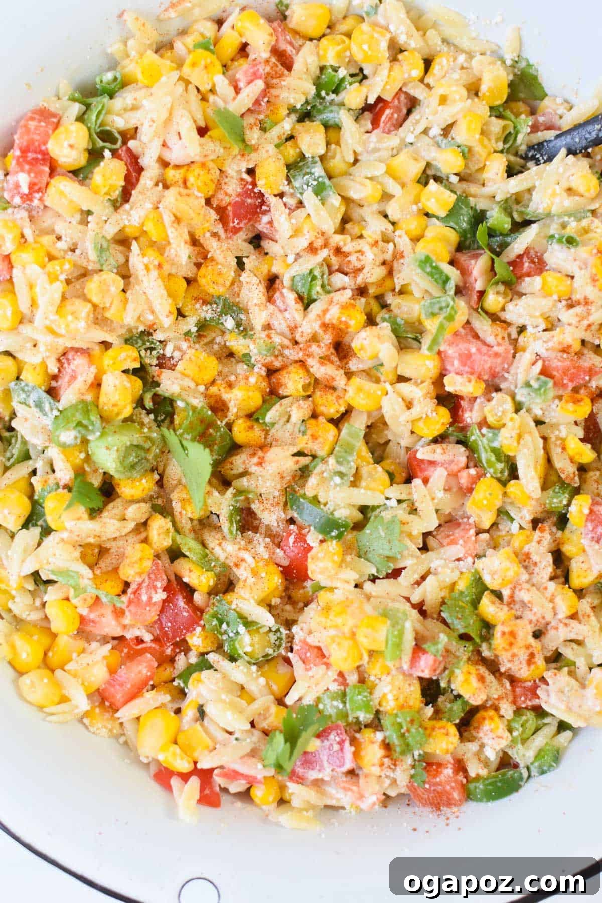 Fiesta Mexican Street Corn Orzo Salad 7 Close-up view of the Mexican Street Corn Orzo Pasta Salad showing texture and ingredients
