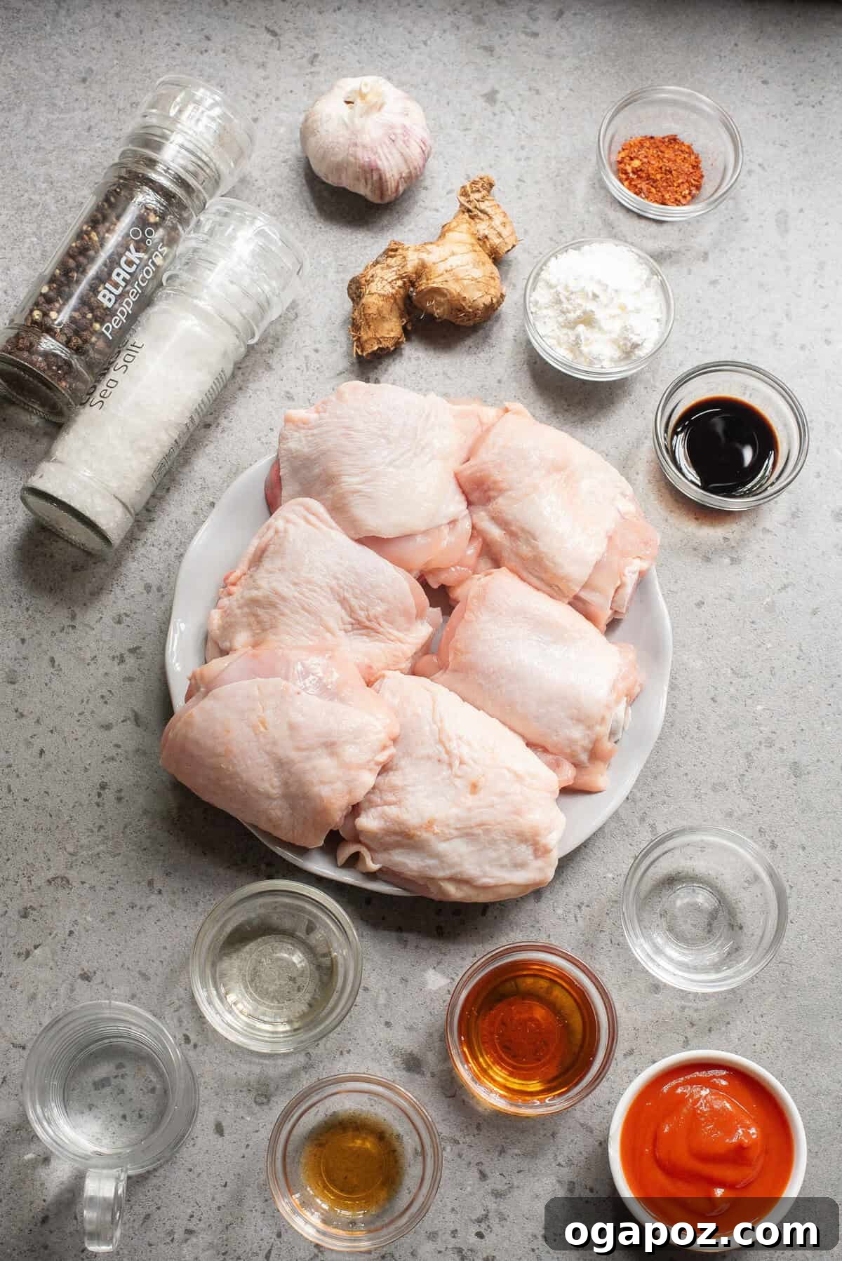 Sticky Honey Ginger Chicken 6 A spread of fresh ingredients for Honey Ginger Chicken including chicken thighs, ginger, garlic, honey, and soy sauce.