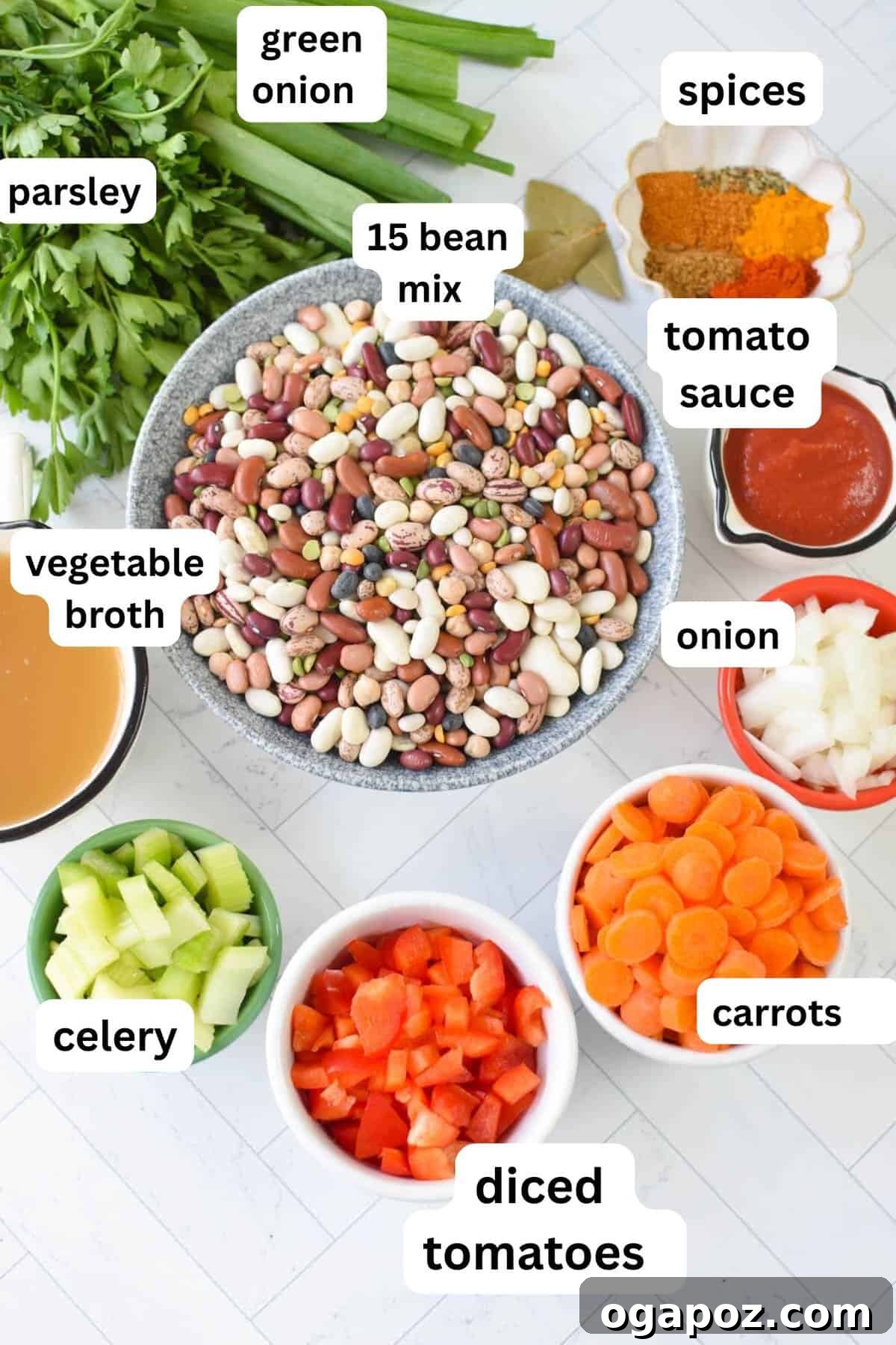 Hearty Instant Pot 15 Bean Soup 6 A collection of fresh ingredients laid out for 15 bean soup.