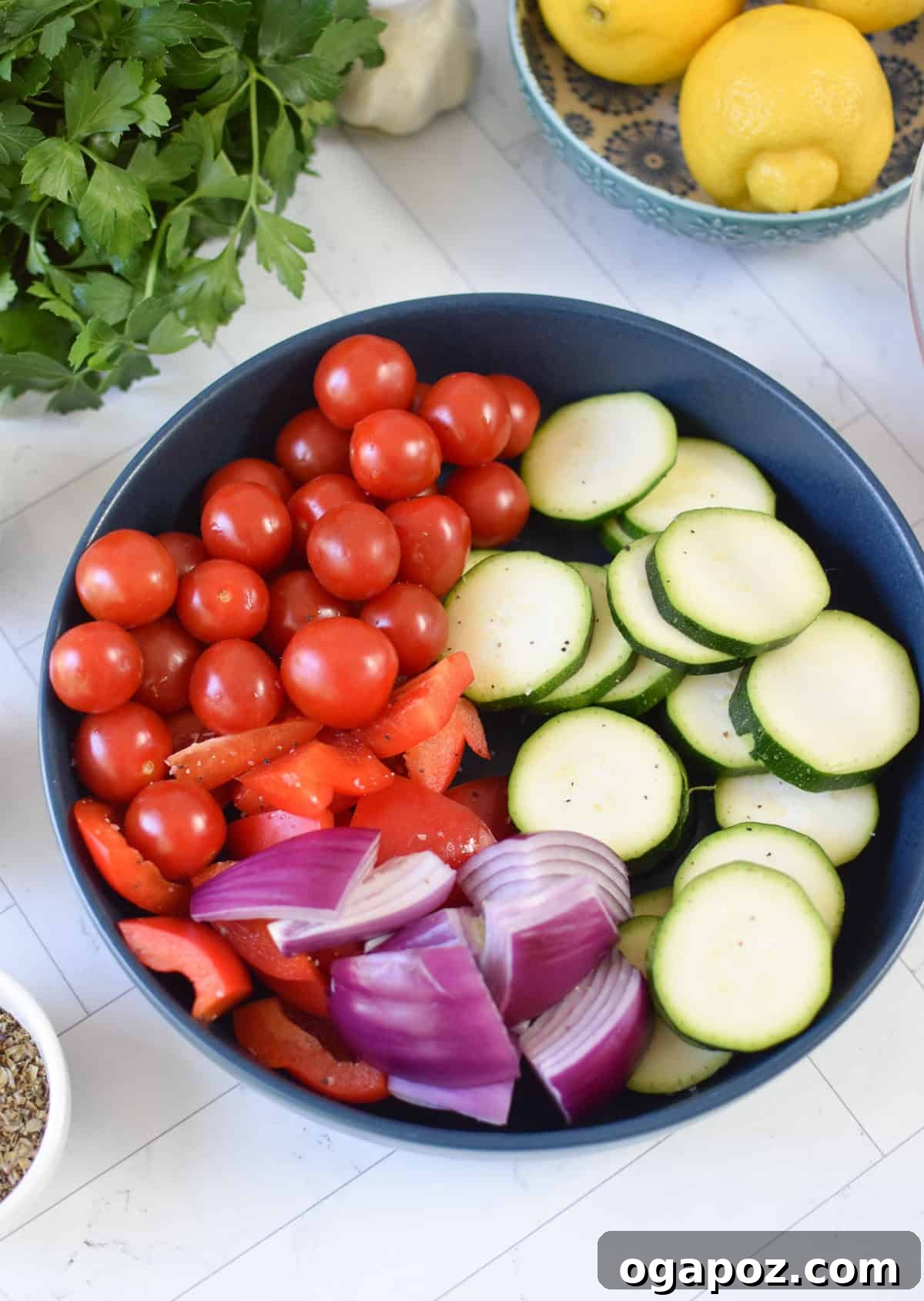 Grilled Beef Souvlaki Skewers 9 Assortment of vegetables marinating in a bowl for Beef Souvlaki.