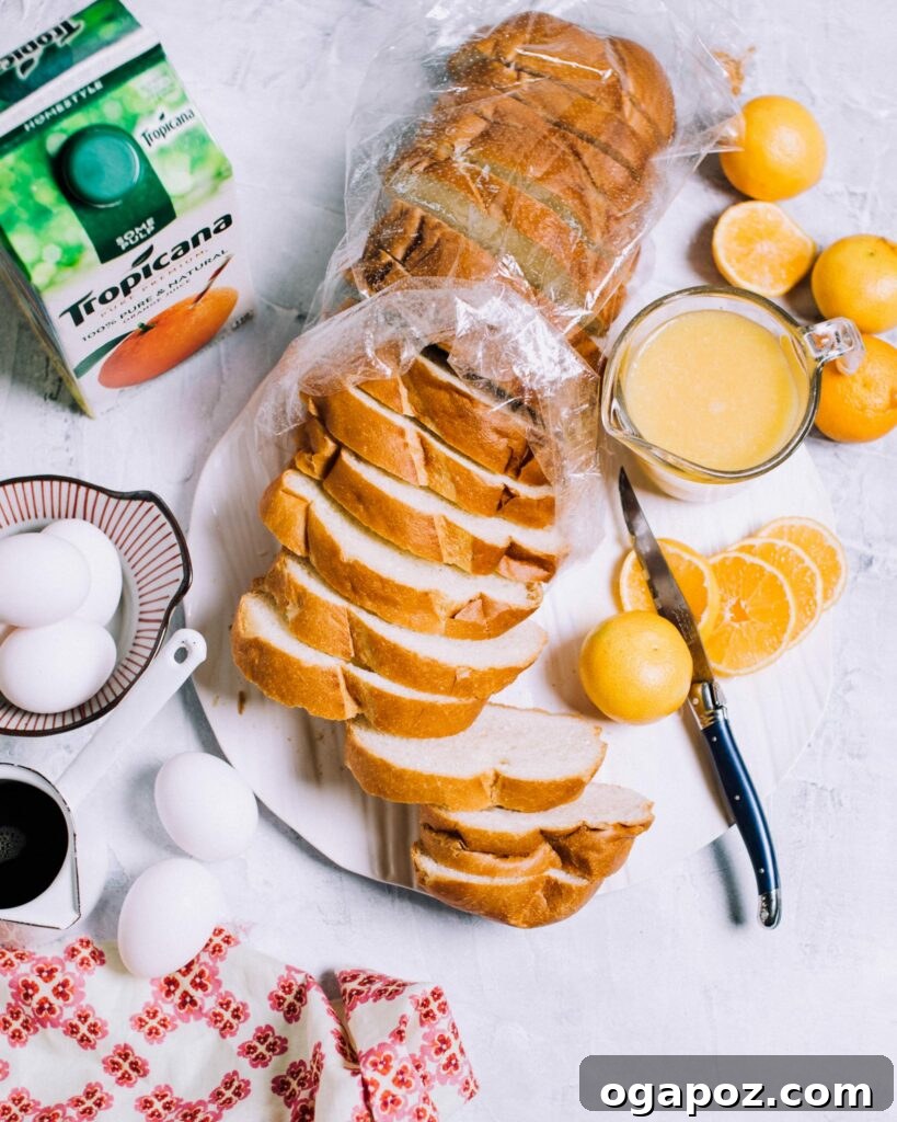Zesty Orange French Toast Bake 3 Key ingredients for Orange French Toast Casserole: cubed bread, fresh orange zest, eggs, heavy cream, and orange juice.