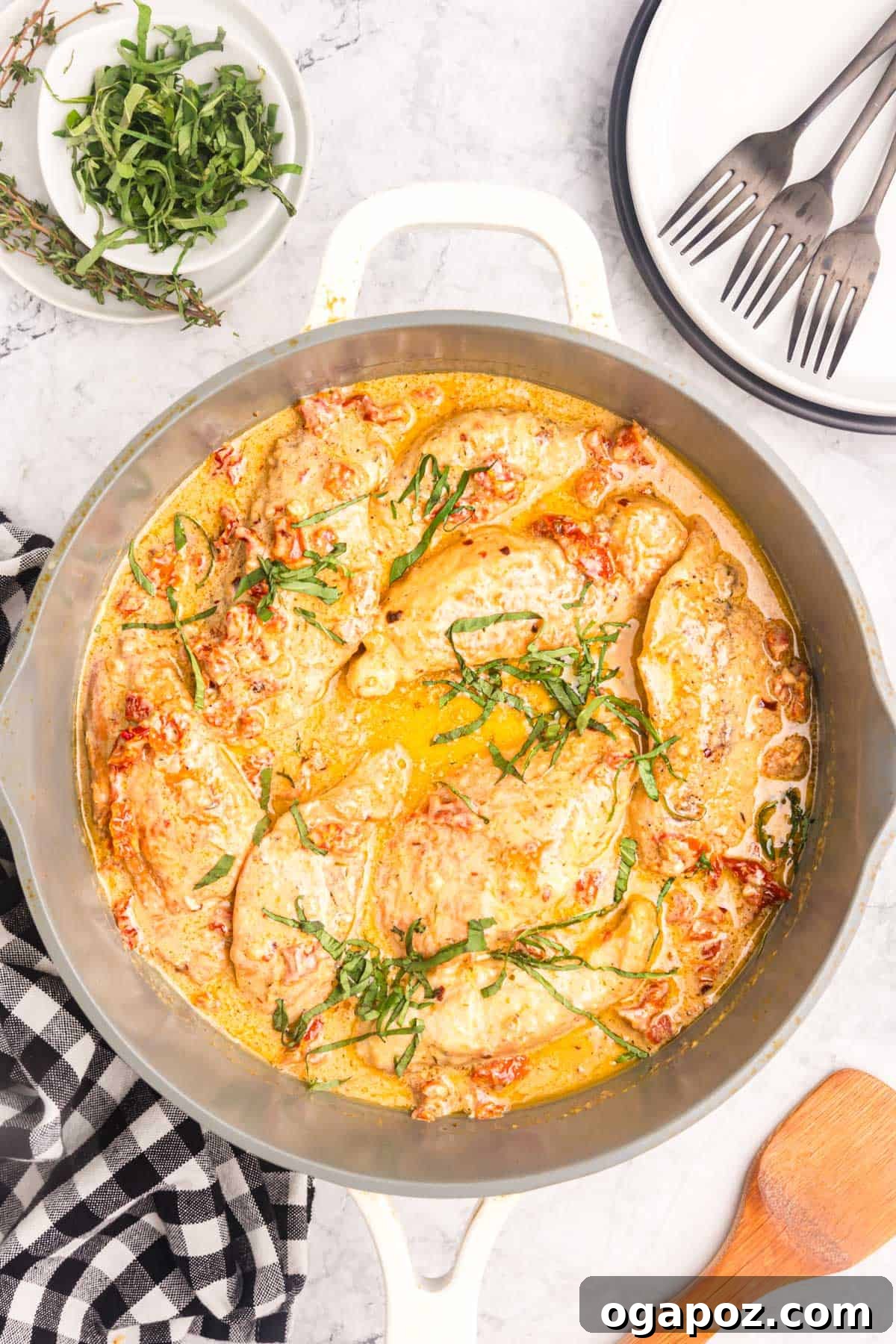 Proposal Perfect Chicken 11 Marry Me Chicken complete and simmering in the skillet, ready to be served.