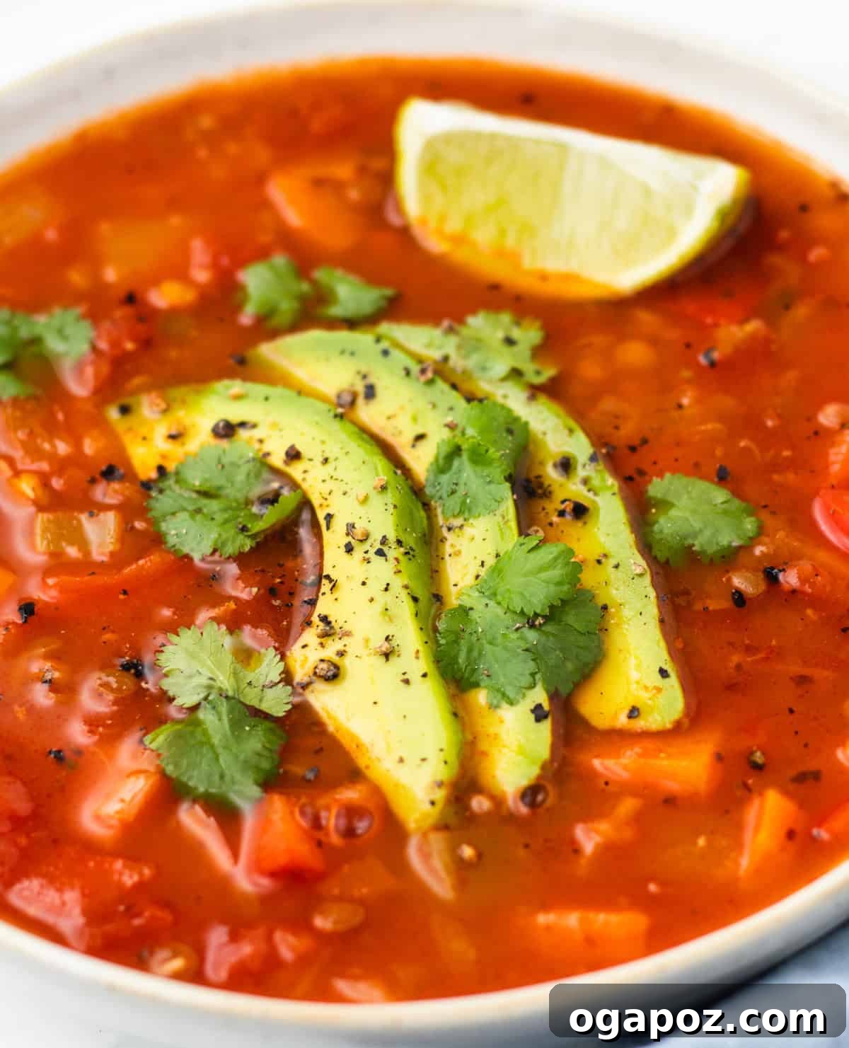 Flavorful Mexican Lentil Stew 7 Mexican Lentil Soup in a white bowl, garnished with avocado and a lime wedge.