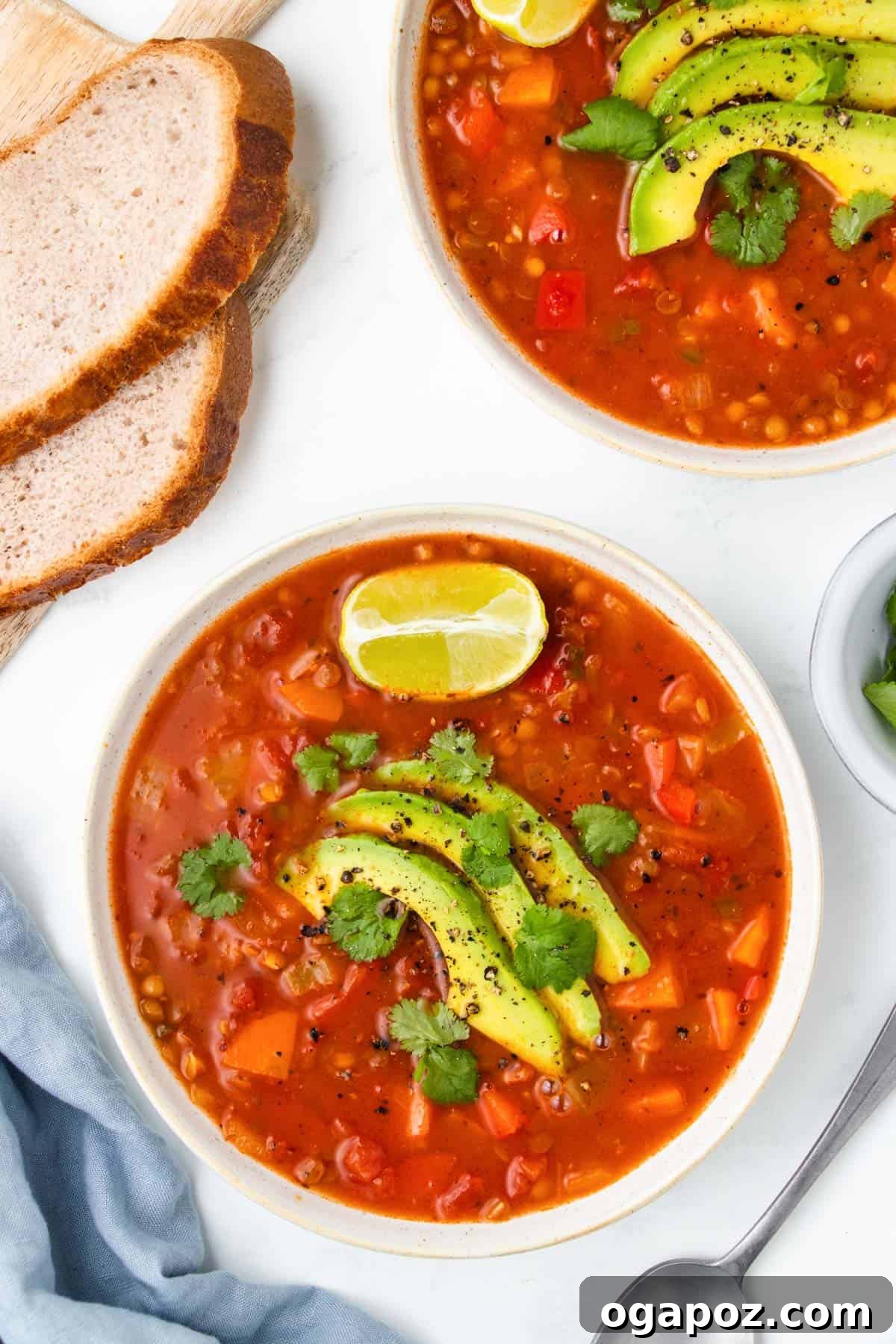 Flavorful Mexican Lentil Stew 10 Mexican Lentil Soup in a white bowl, close up shot.