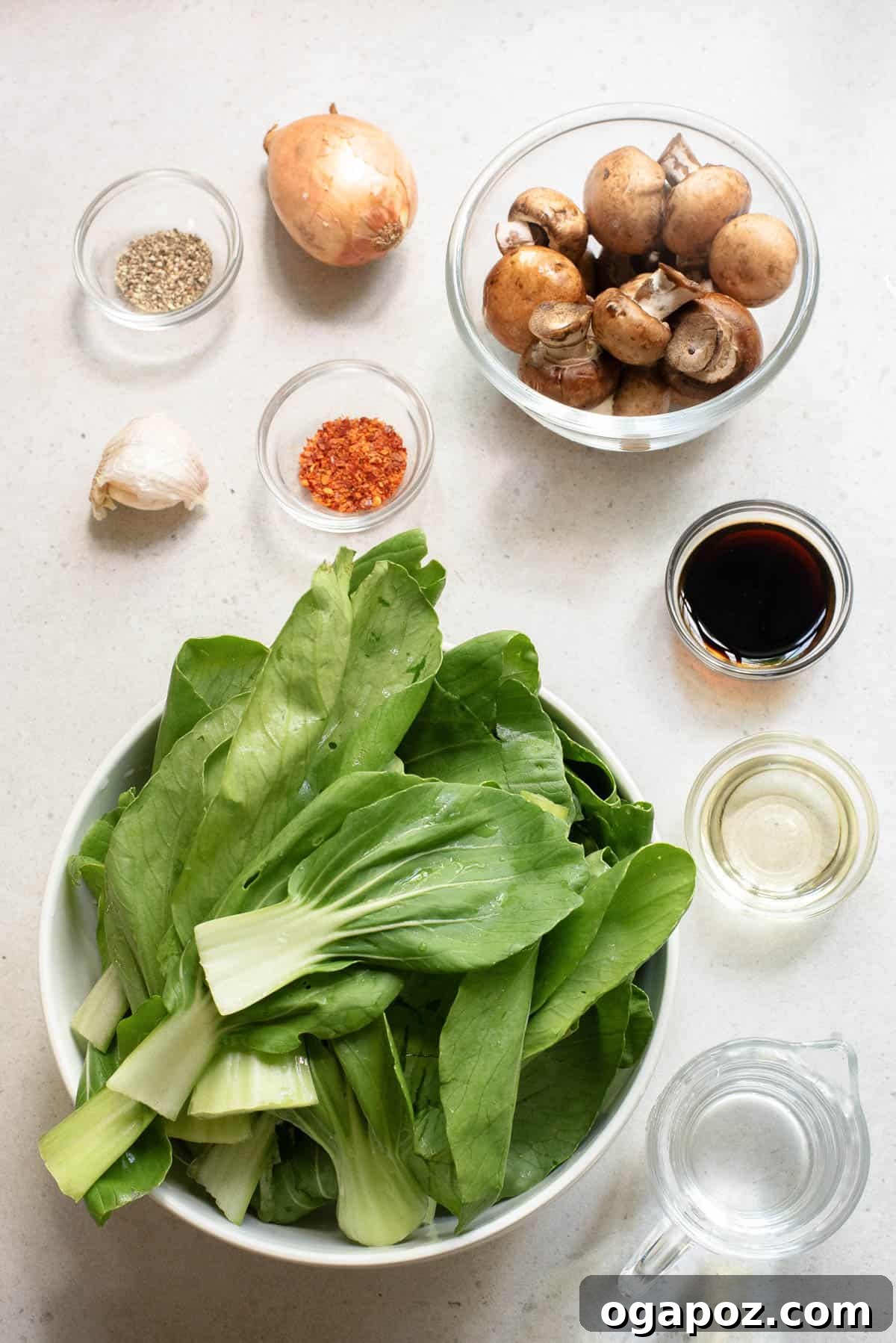 Vibrant Garlic Bok Choy Sauté 6 All the fresh ingredients for Bok Choy Stir Fry laid out on a cutting board.