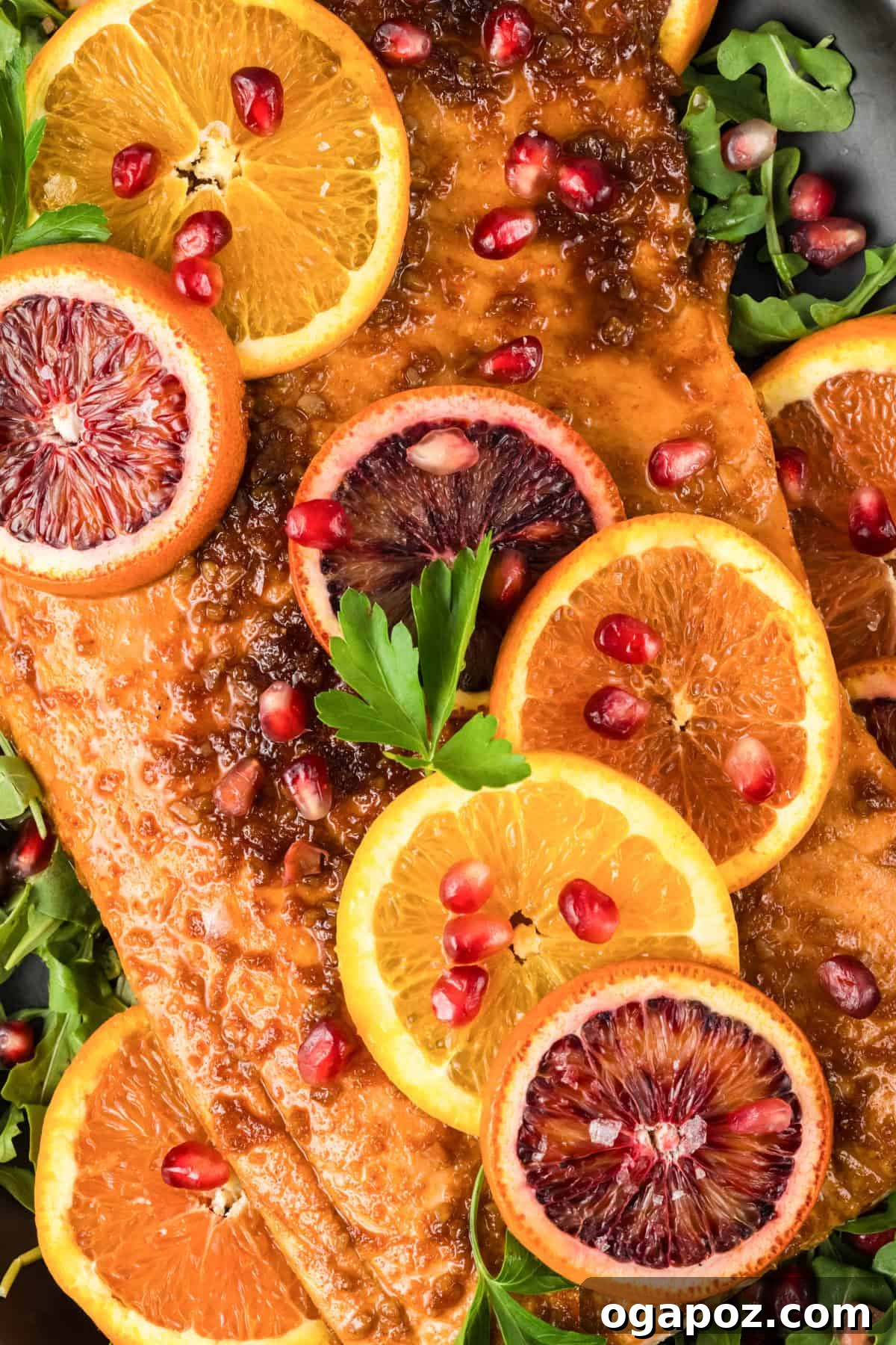 Zesty Orange Glazed Salmon 2 Orange Glazed Salmon with vibrant orange slices and glistening pomegranate seeds