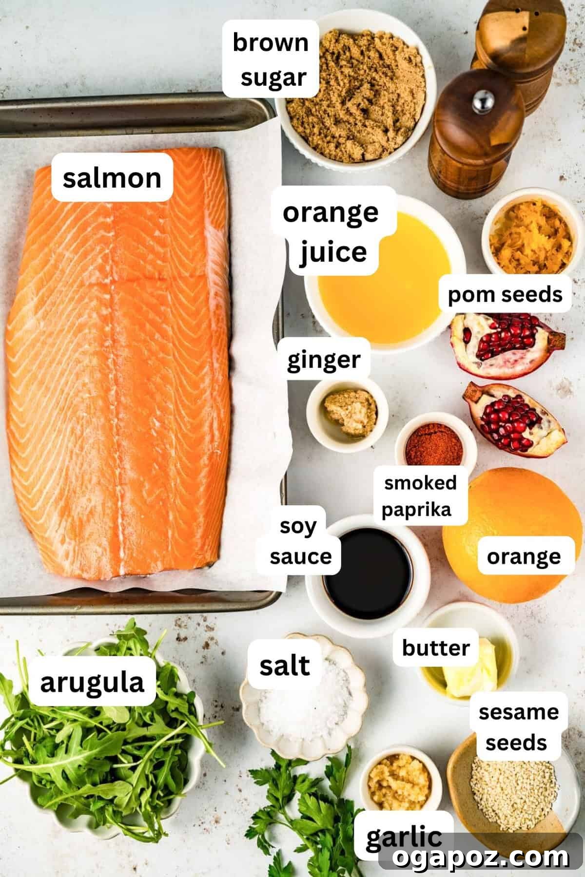 Zesty Orange Glazed Salmon 5 Collection of fresh ingredients for Orange Glazed Salmon recipe, including oranges, salmon, garlic, ginger, and soy sauce.