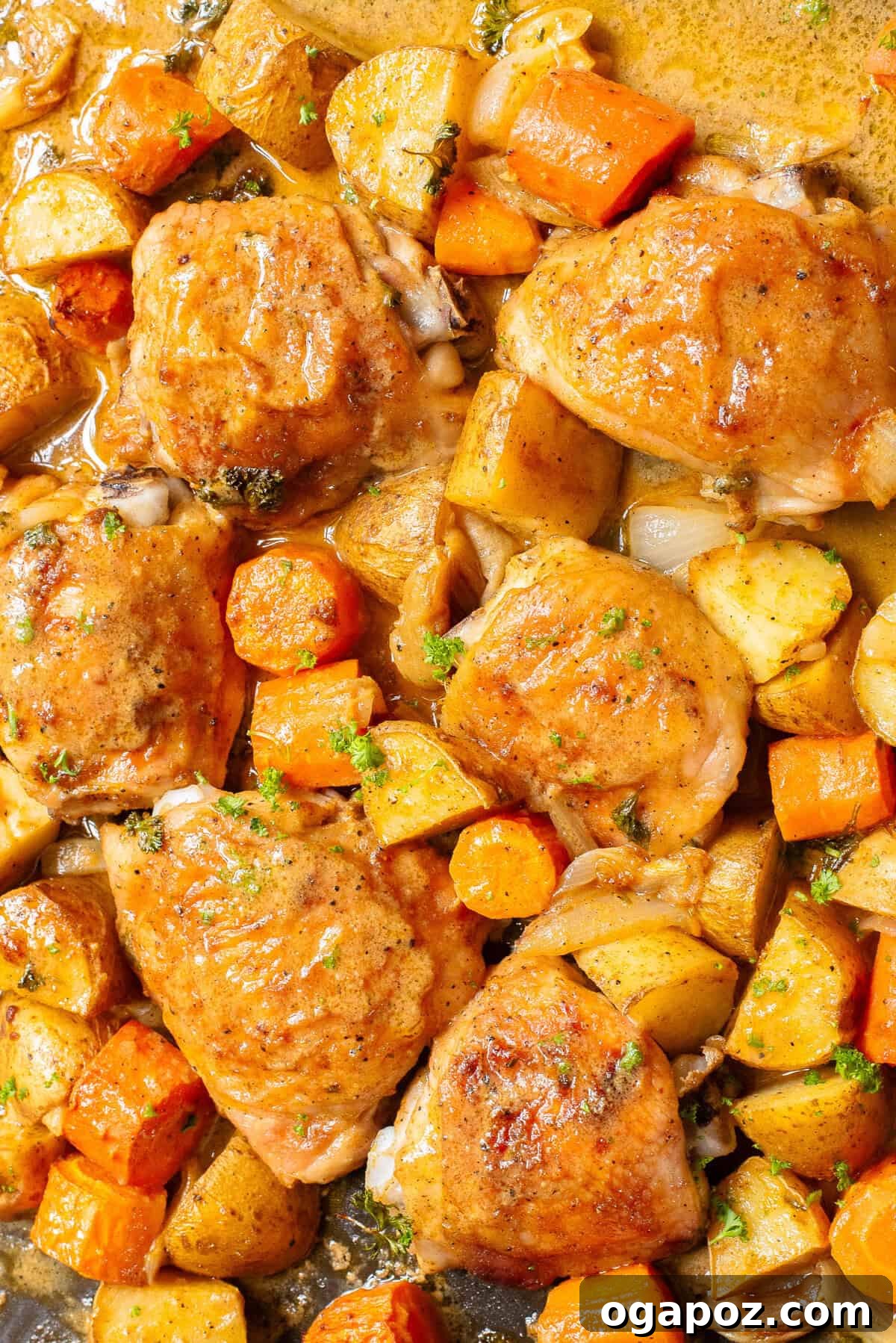 Golden Honey Mustard Sheet Pan Chicken Thighs 2 Sheet Pan Honey Mustard Chicken Thighs on a sheet pan, ready to serve