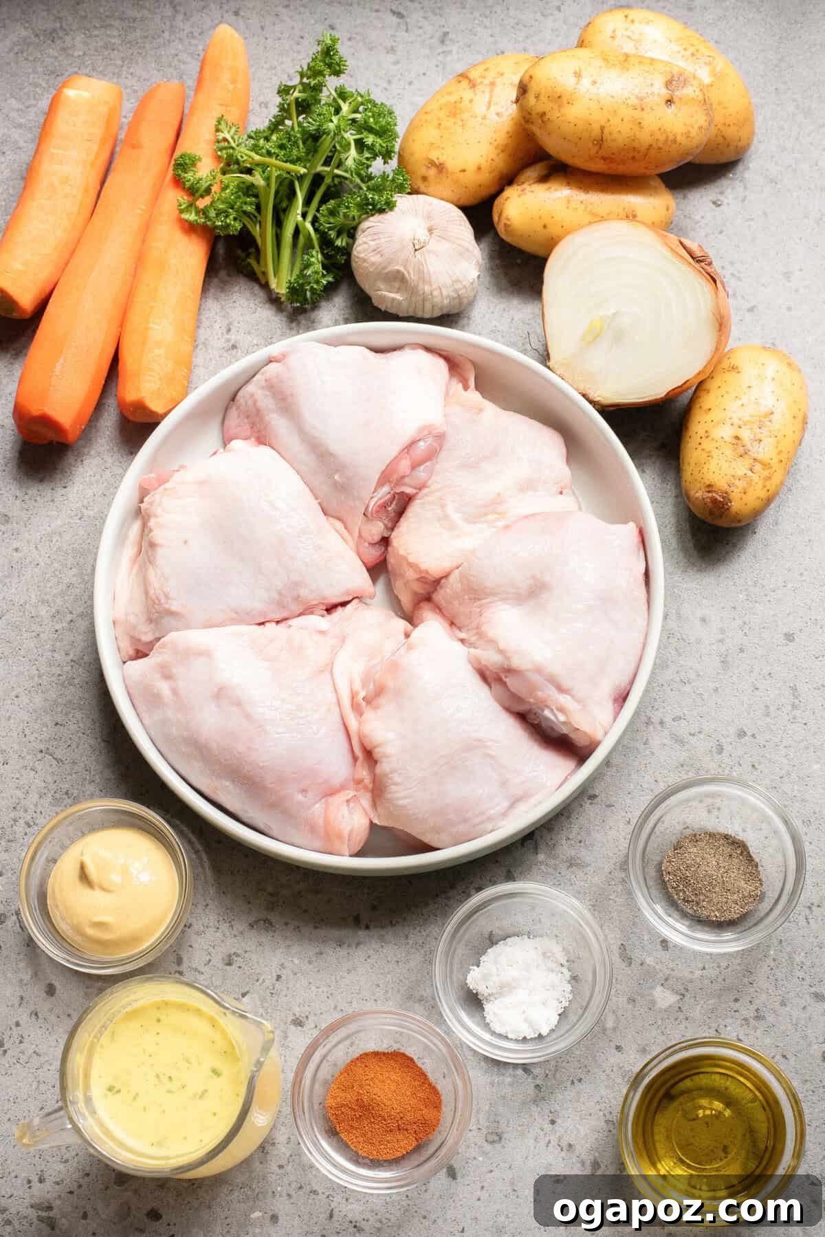 Golden Honey Mustard Sheet Pan Chicken Thighs 4 Sheet Pan Honey Mustard Chicken Thighs ingredients laid out