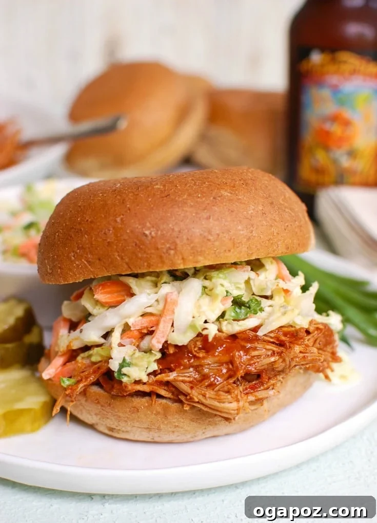 Fall-Apart Tender Slow Cooker BBQ Pulled Pork 2 Slow Cooker Barbecue Pulled Pork on white plate