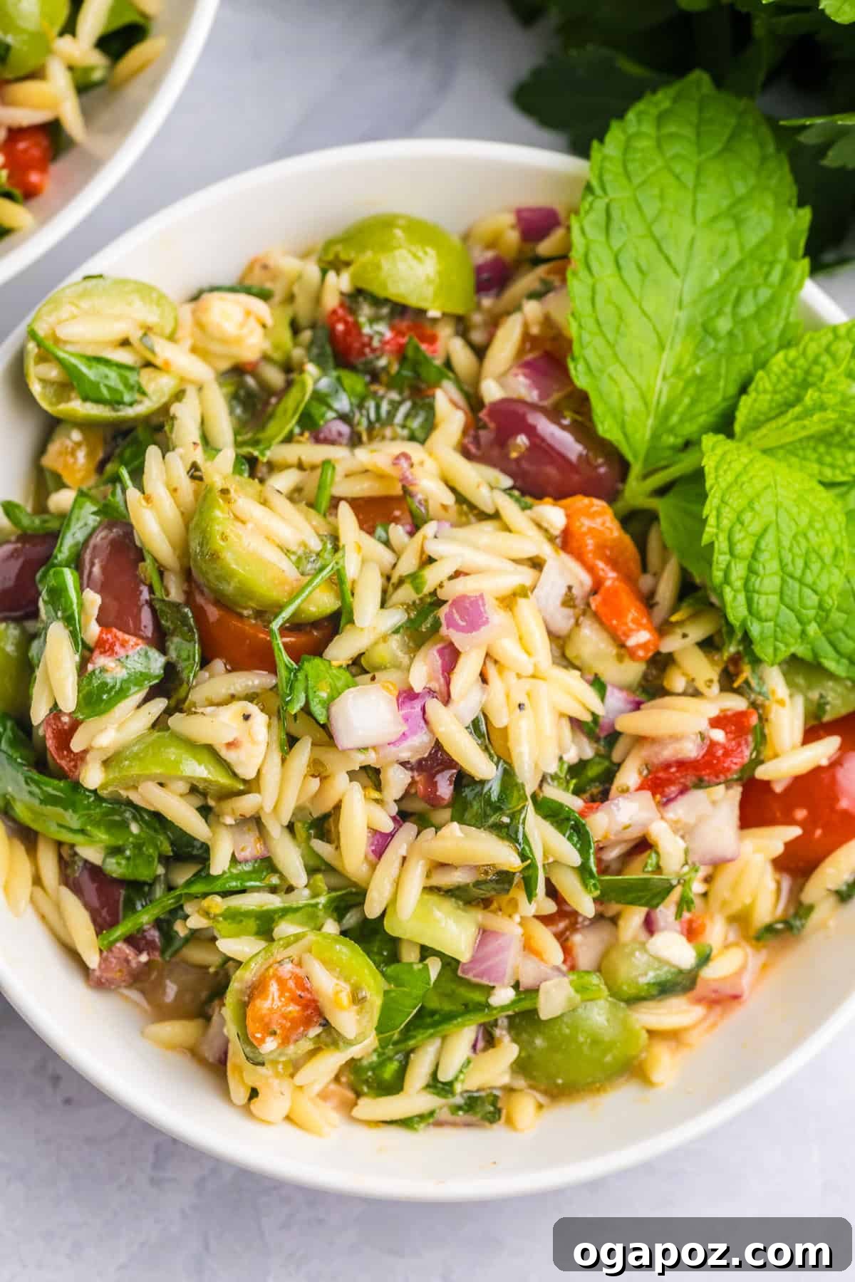 Mediterranean Garden Pasta 2 Vibrant Mediterranean Pasta Salad served generously in a large white bowl, garnished with fresh herbs, ideal for a summer gathering or healthy meal prep.