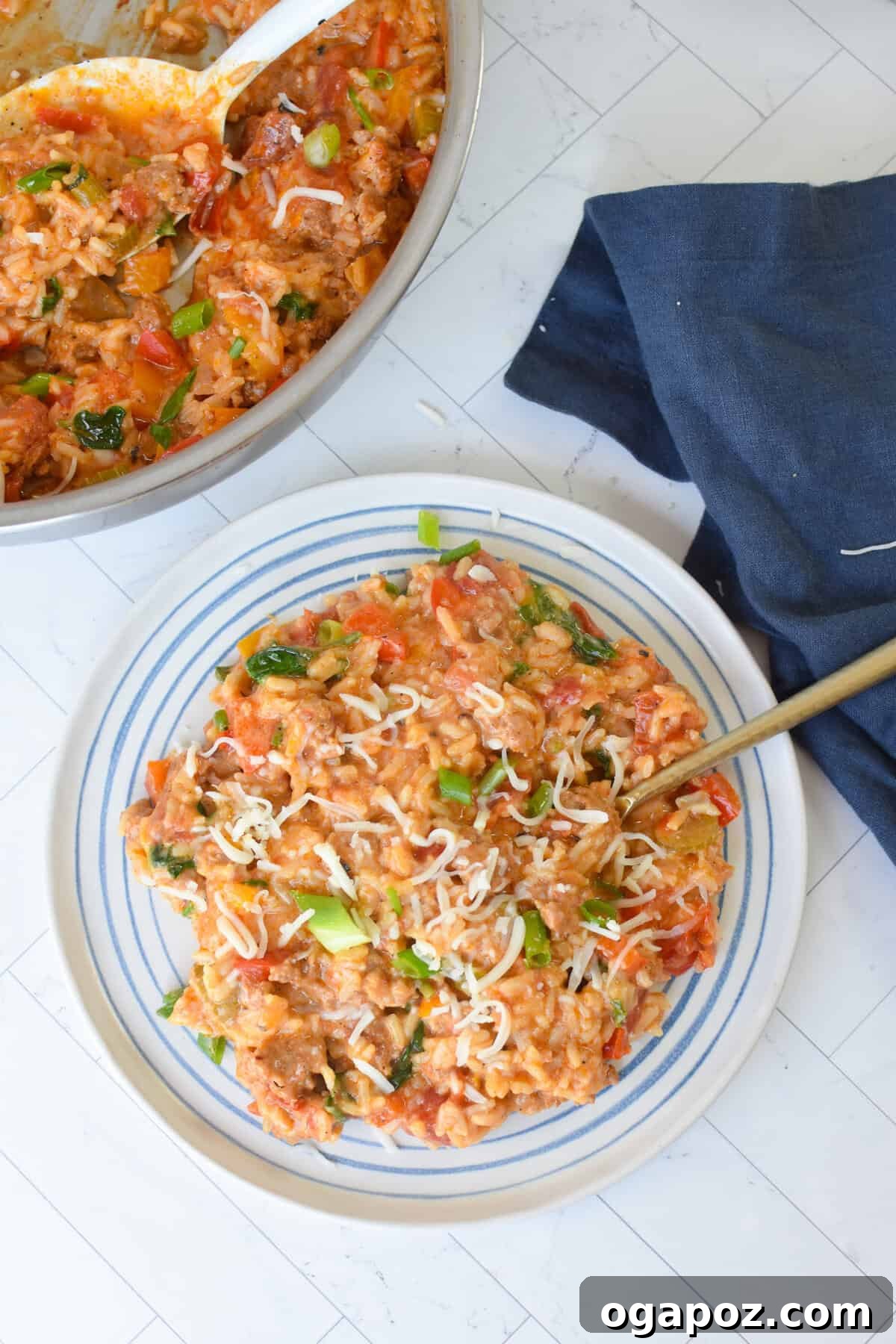 Spicy Creamy Cajun Sausage Rice Skillet 3 Creamy Cajun Sausage Rice Skillet on a plate