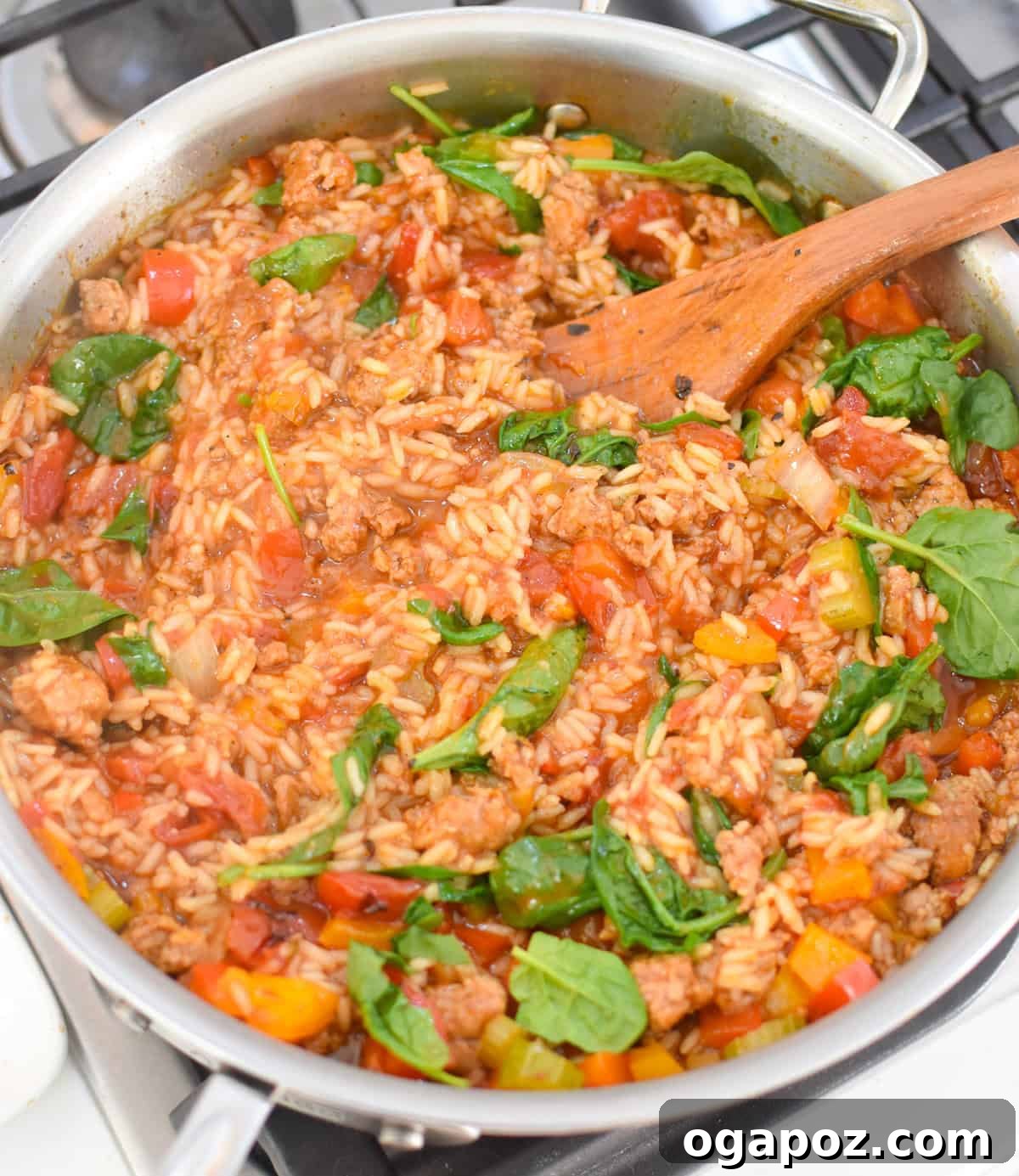 Spicy Creamy Cajun Sausage Rice Skillet 8 Creamy Cajun Sausage Rice Skillet with spinach