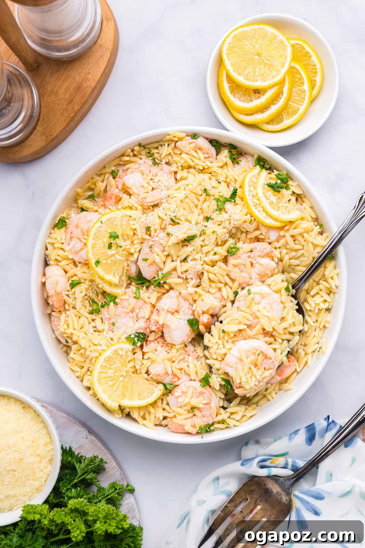 Zesty Lemon Shrimp Orzo 2 Lemon Shrimp and Orzo with a spoon and lemons