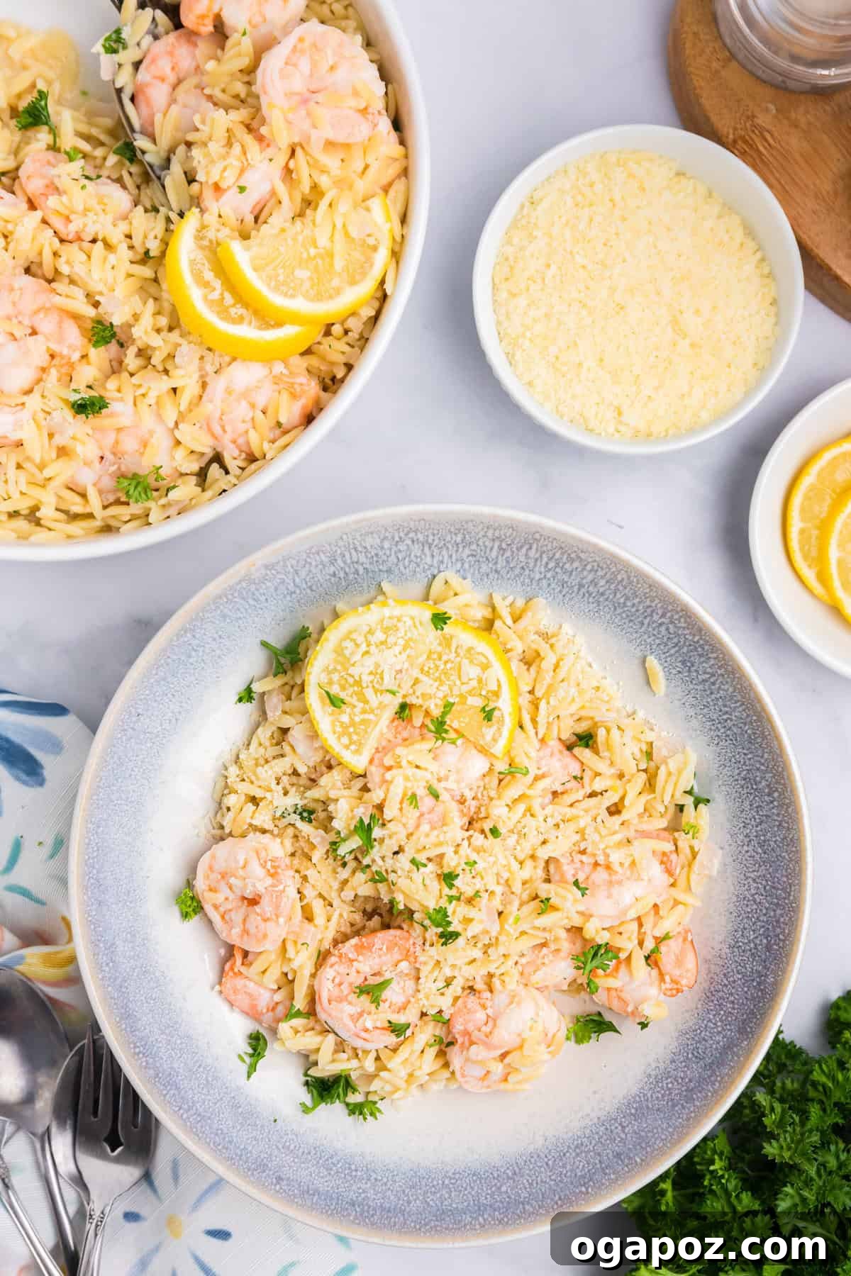 Zesty Lemon Shrimp Orzo 3 Lemon Shrimp and Orzo in a blue plate
