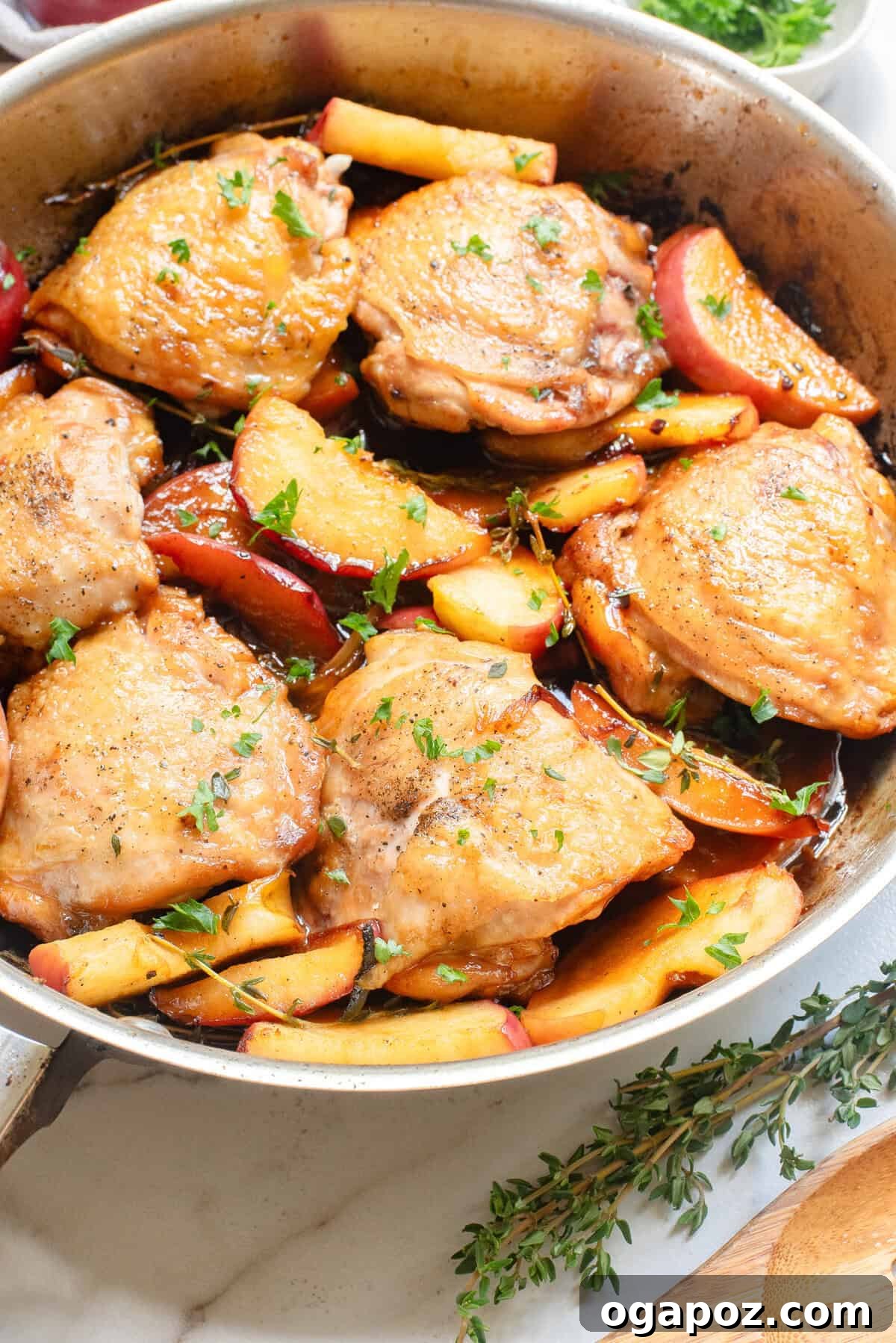Cider-Glazed Skillet Chicken 8 Skillet Apple Cider Chicken with fresh thyme sprigs