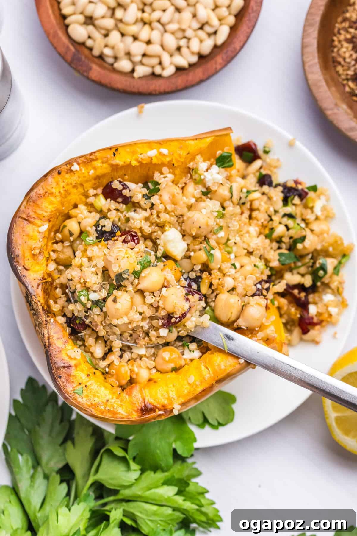 Flavorful Mediterranean Stuffed Butternut Squash Boats 12 A single serving of Mediterranean Stuffed Butternut Squash on a white plate, ready to be eaten