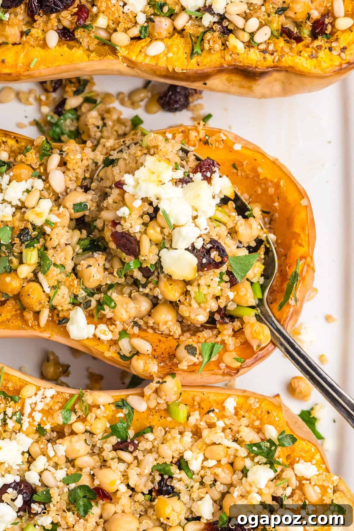 Flavorful Mediterranean Stuffed Butternut Squash Boats 7 A serving of Mediterranean Stuffed Butternut Squash with crumbled feta cheese on top