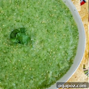 Zesty Tomatillo Salsa 5 Close-up of Tomatillo Salsa Verde in a bowl, showcasing its fresh green color