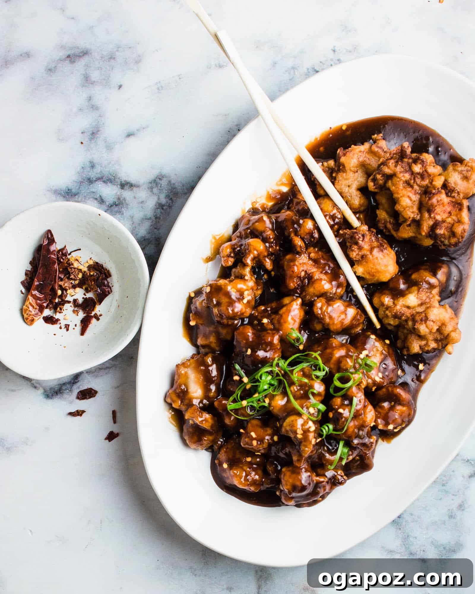 Orange Chicken with an Unforgettable Citrus Glaze 2 Crispy Orange Chicken served with fresh green onions
