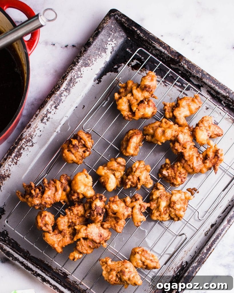 Orange Chicken with an Unforgettable Citrus Glaze 4 Fried chicken pieces ready for orange sauce