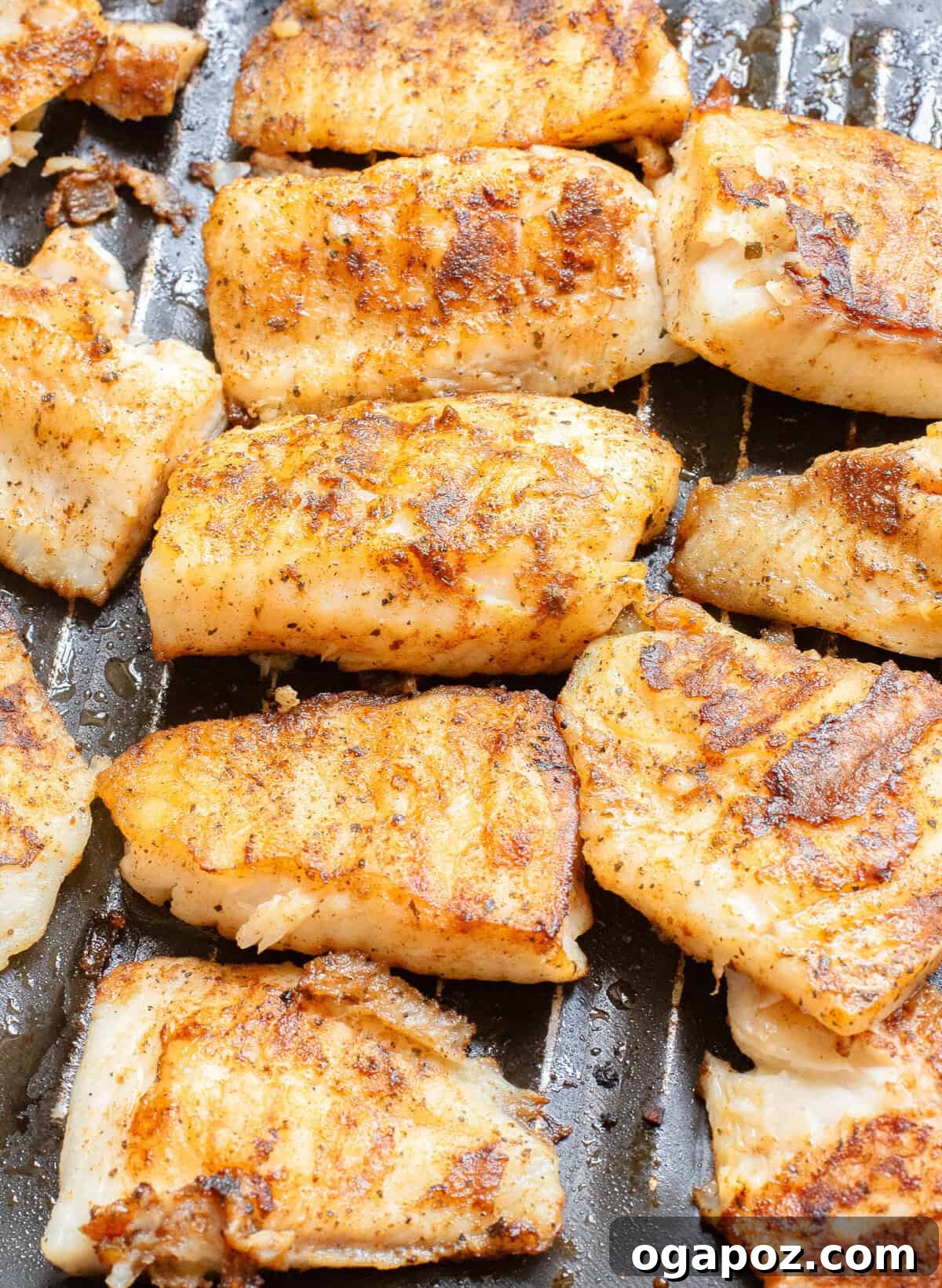 Fiery Fish Tacos 3 Blackened Fish Tacos cooking in a hot skillet, showing the charring process