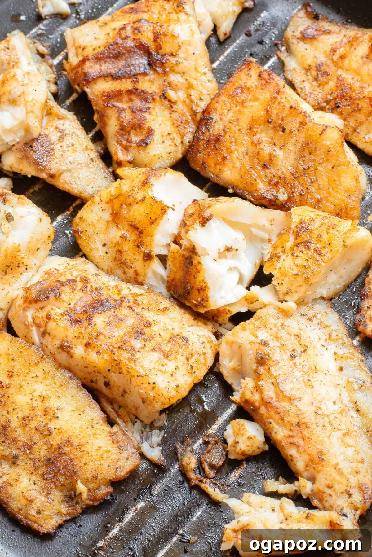 Fiery Fish Tacos 9 Close-up of Blackened Fish Tacos searing in a hot skillet, showing the crispy crust.