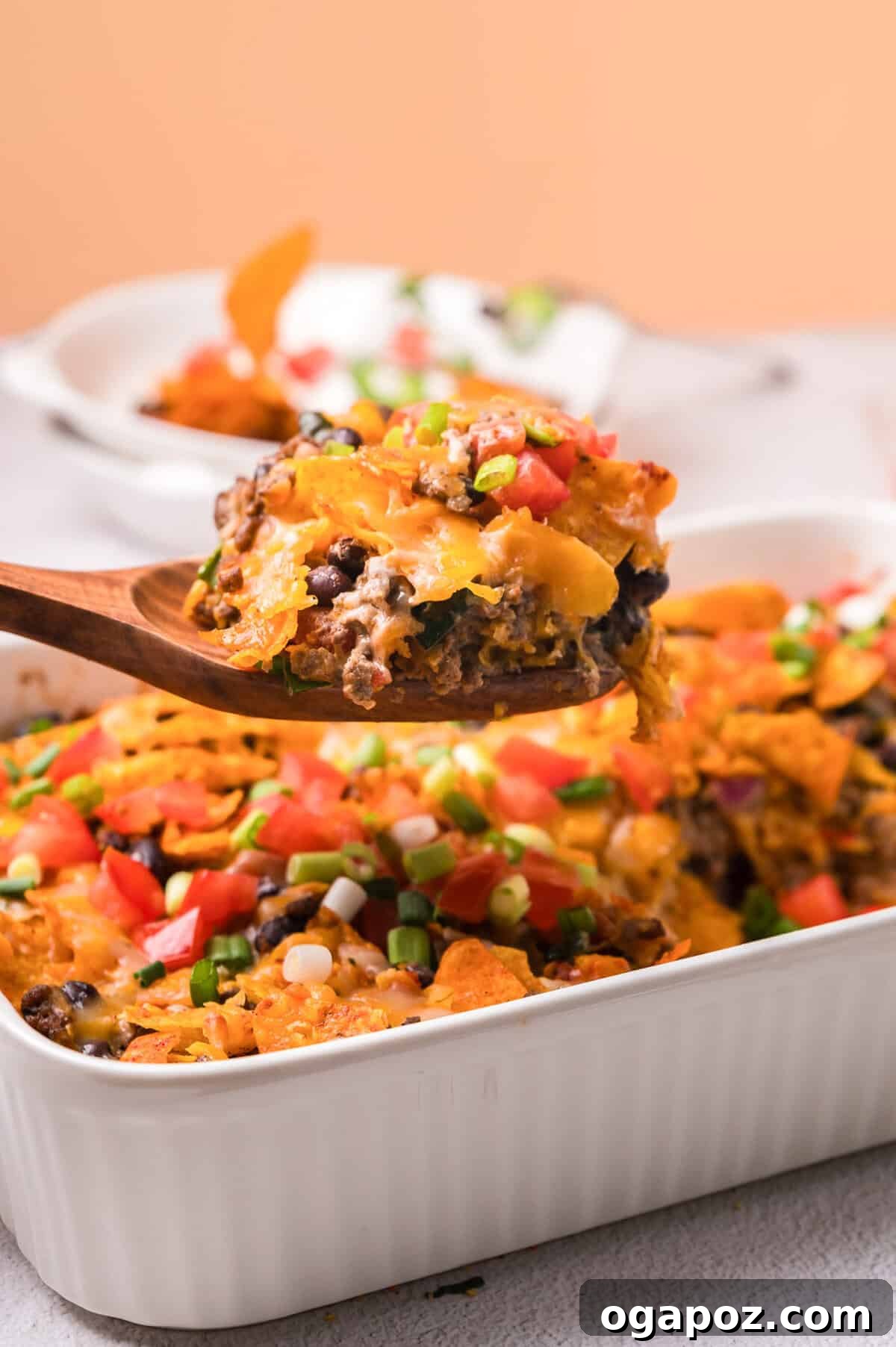 Doritos Taco Casserole in a casserole dish, ready to be served