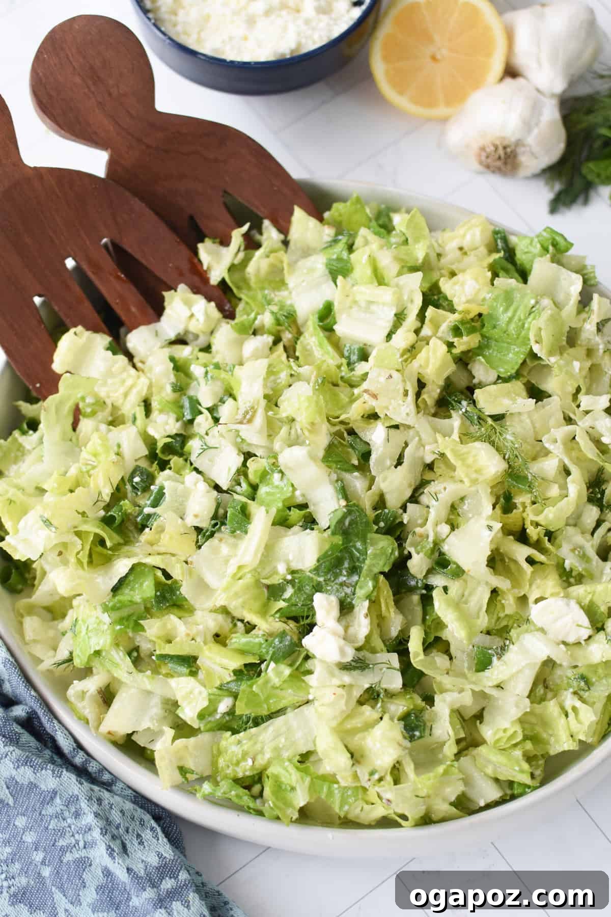 Vibrant Greek Lettuce and Dill Salad 2 Large white bowl filled with vibrant Maroulosalata, a Greek lettuce salad